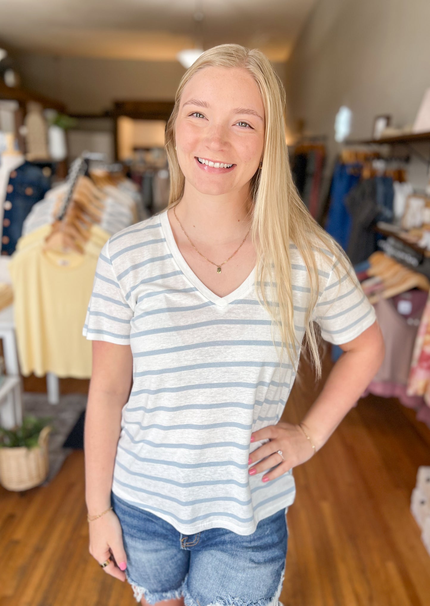 Cotton Linen Blend Striped Tee - Chambray