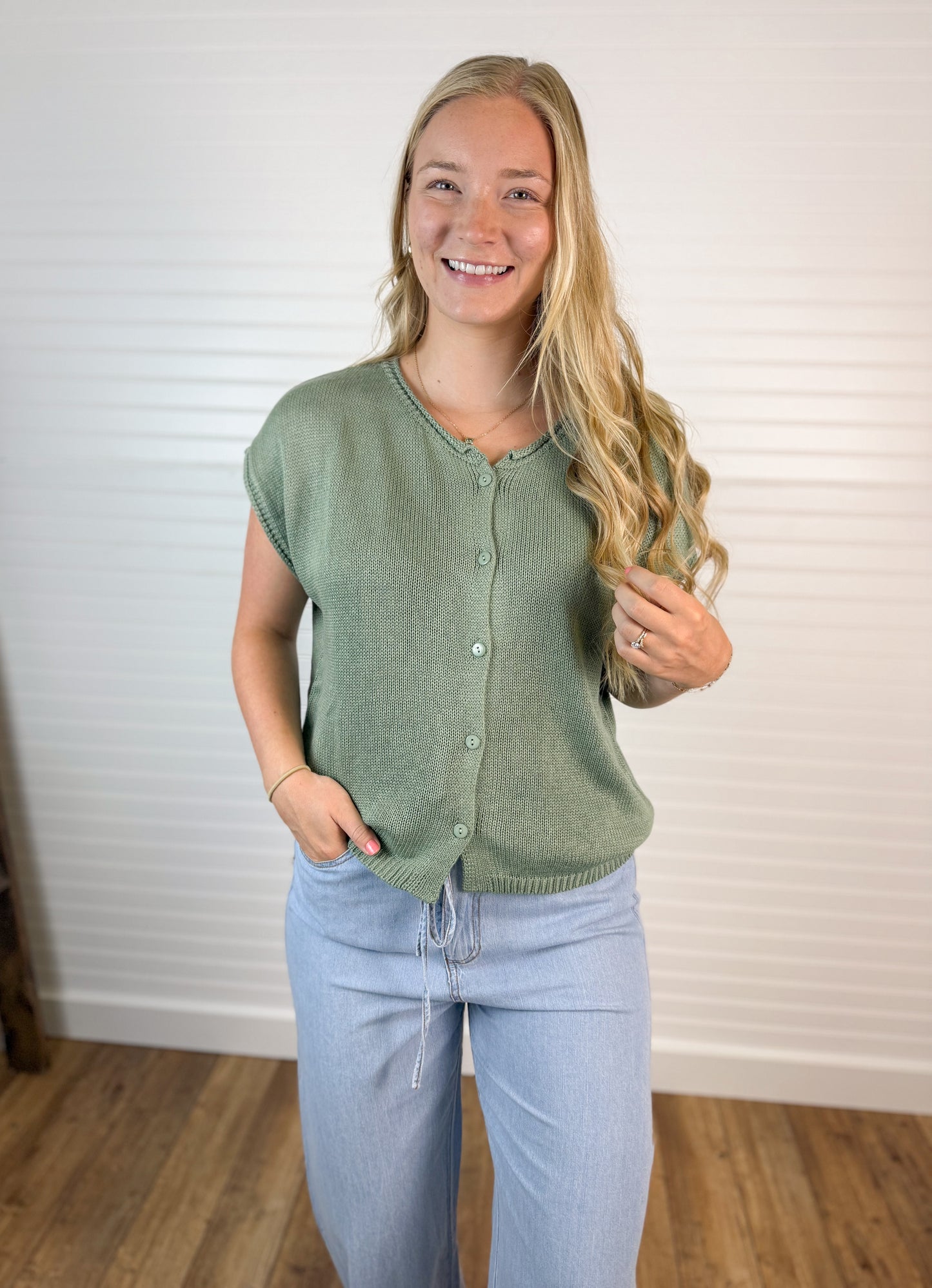 Round Neck Button Down Sweater Top - Sage