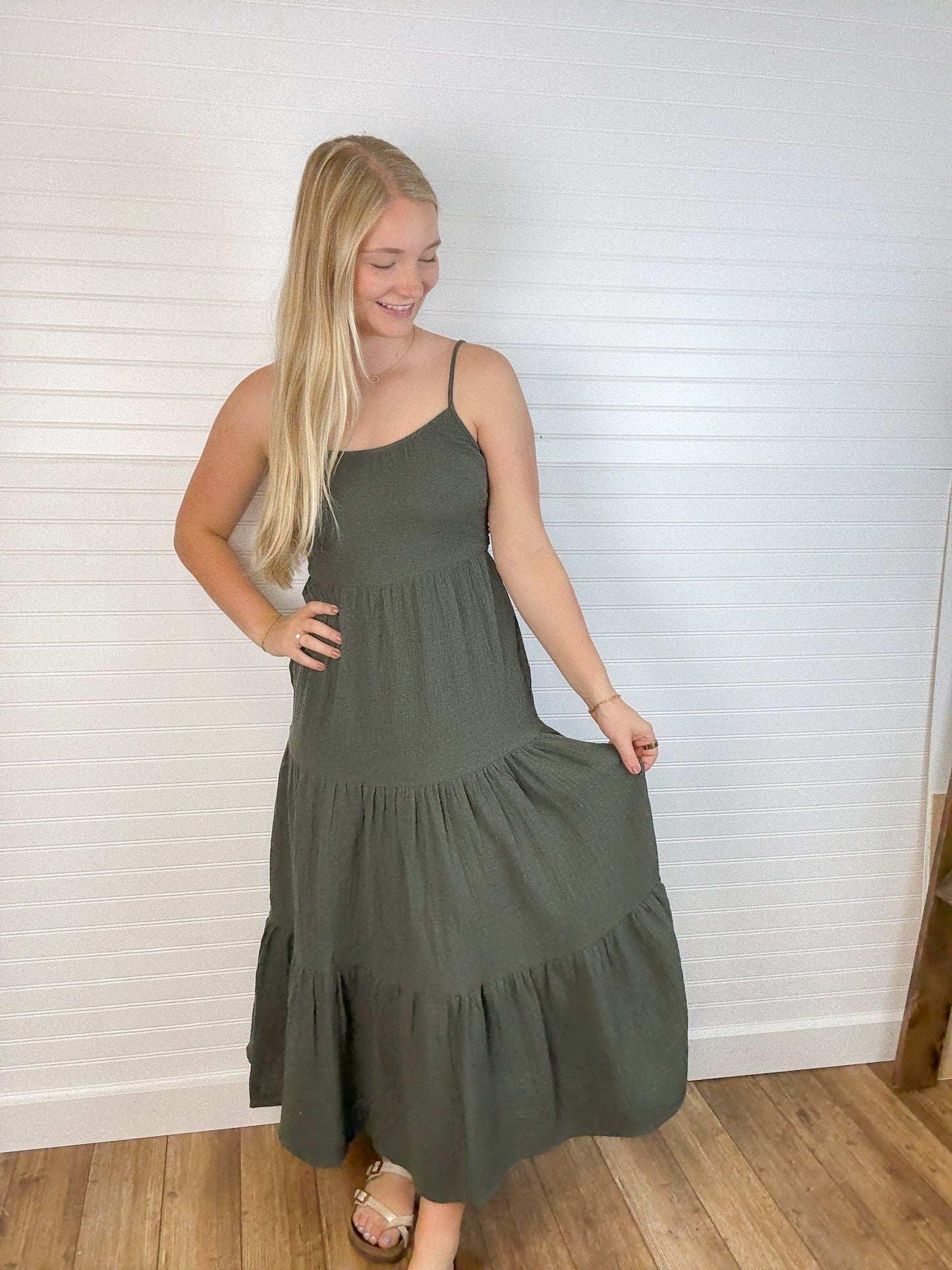 Cotton Tiered Midi Dress - Deep Olive