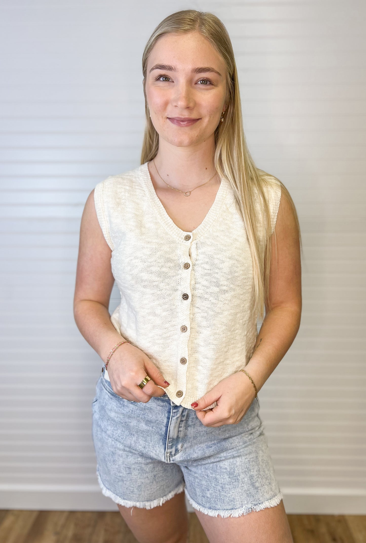 Cotton Button Up Sweater Top - Natural