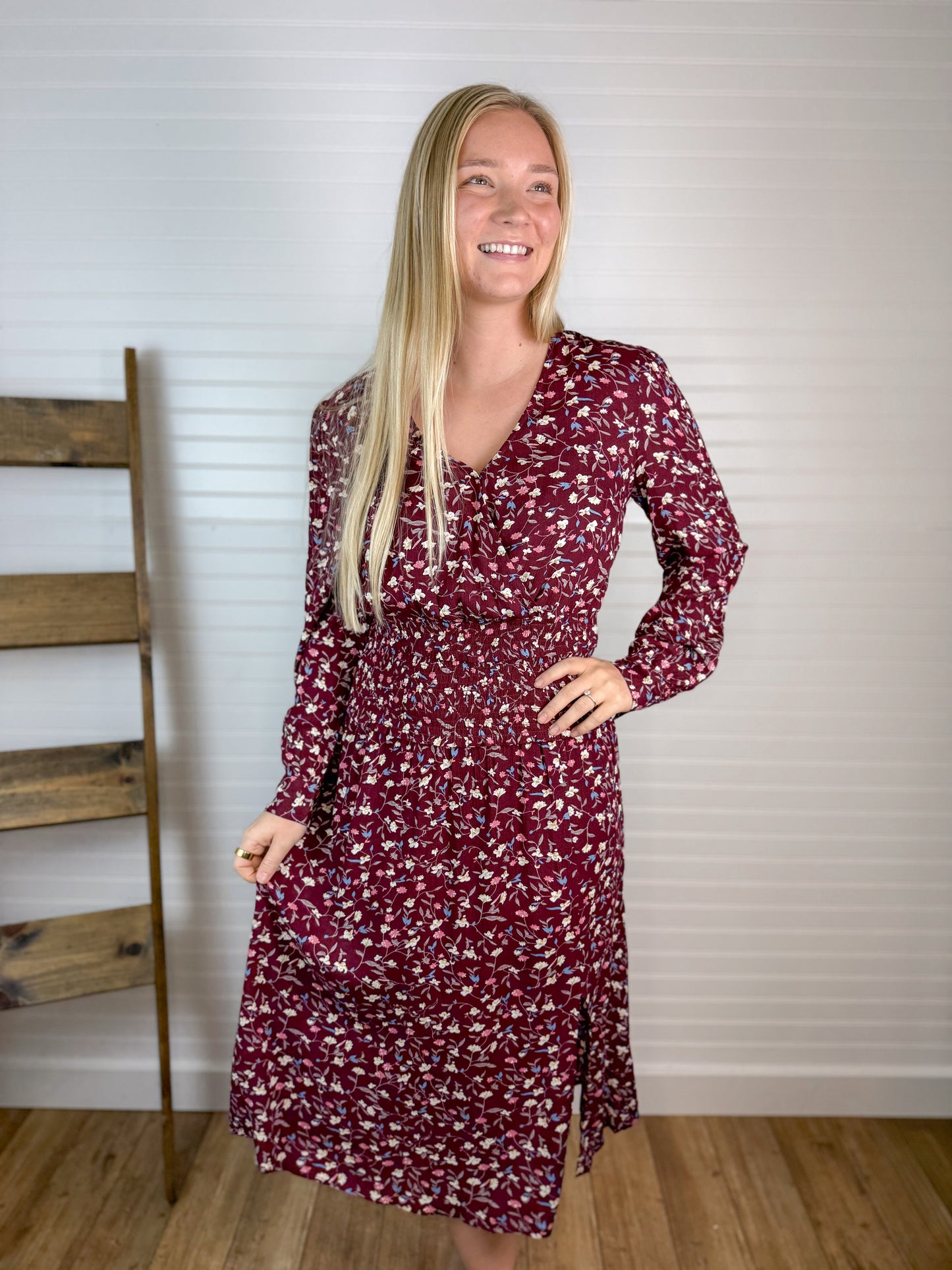 Floral Wrap Smocked Midi Dress - Wine