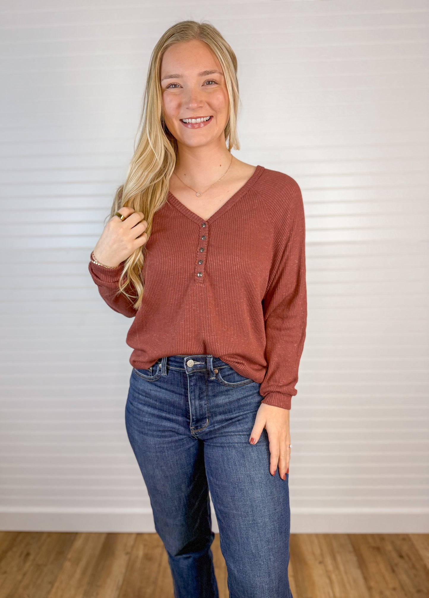 V-Neck Long Sleeve Henley - Burgundy