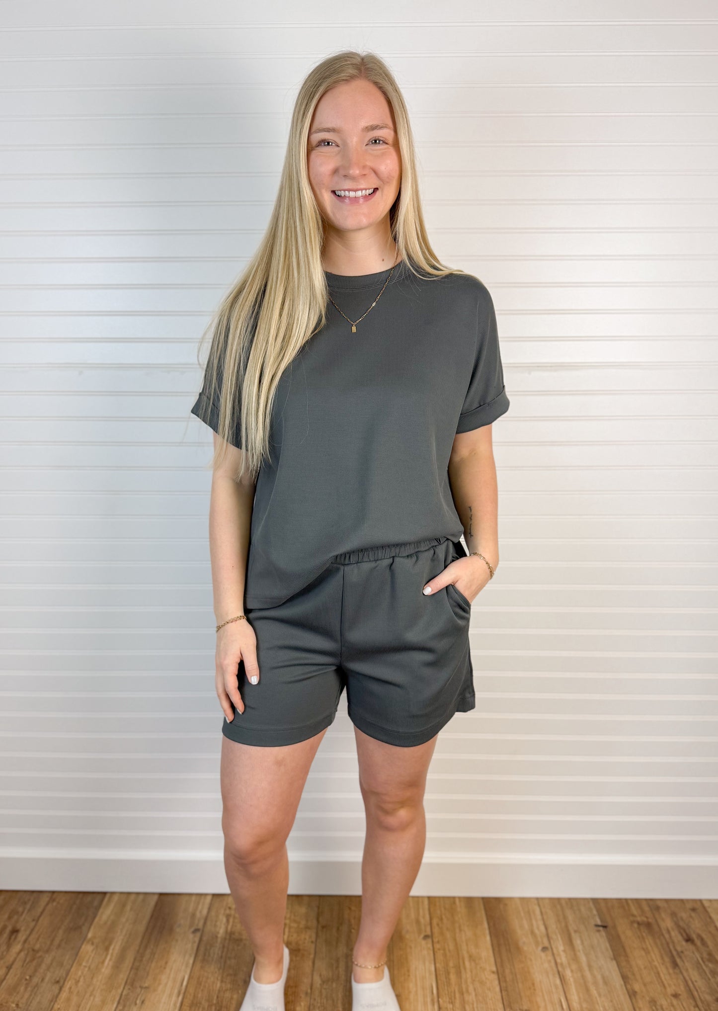 Luxe Ribbed Lounge Tee - Charcoal