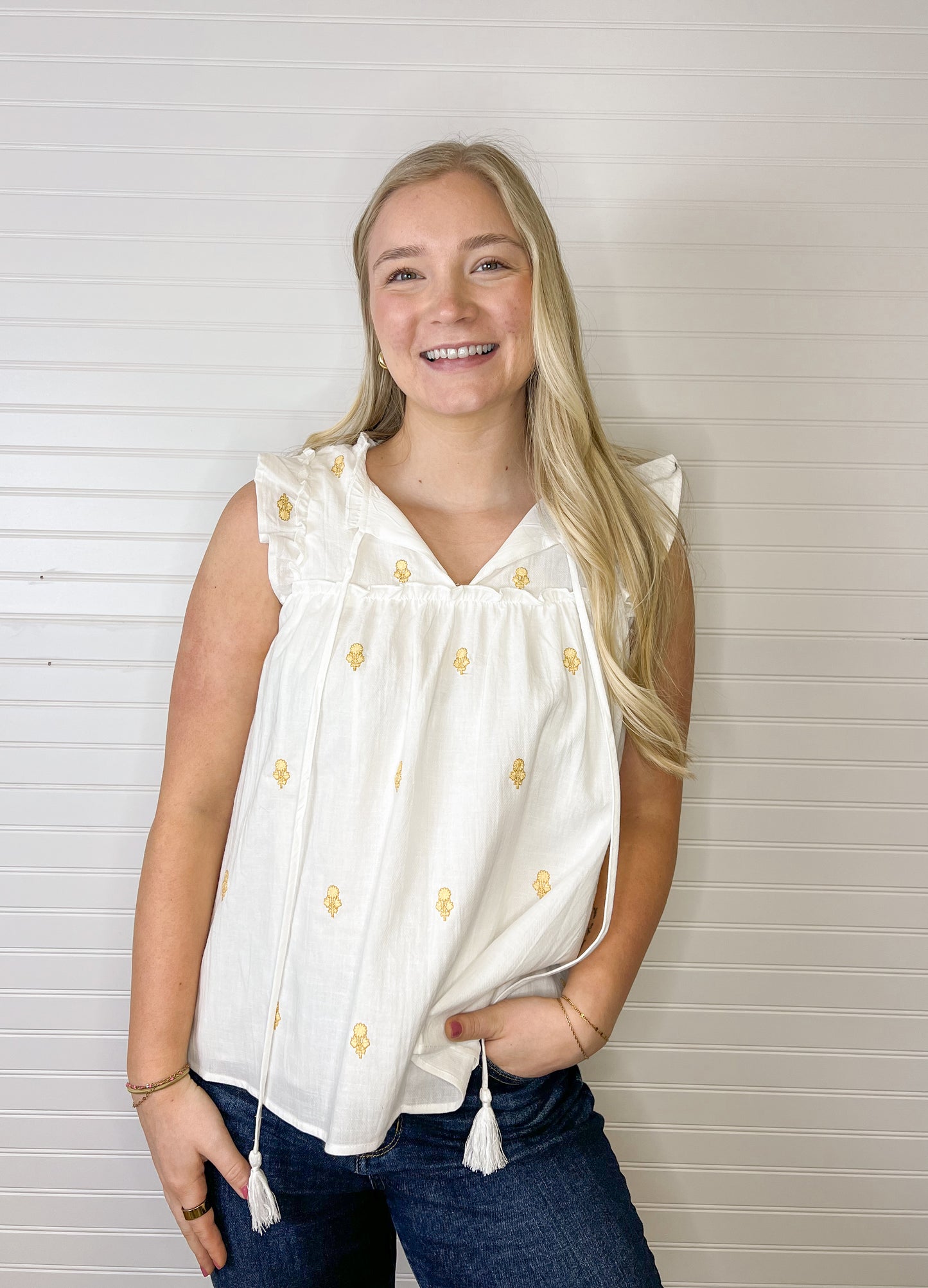 Embroidered Ruffle Blouse - Off White/Yellow