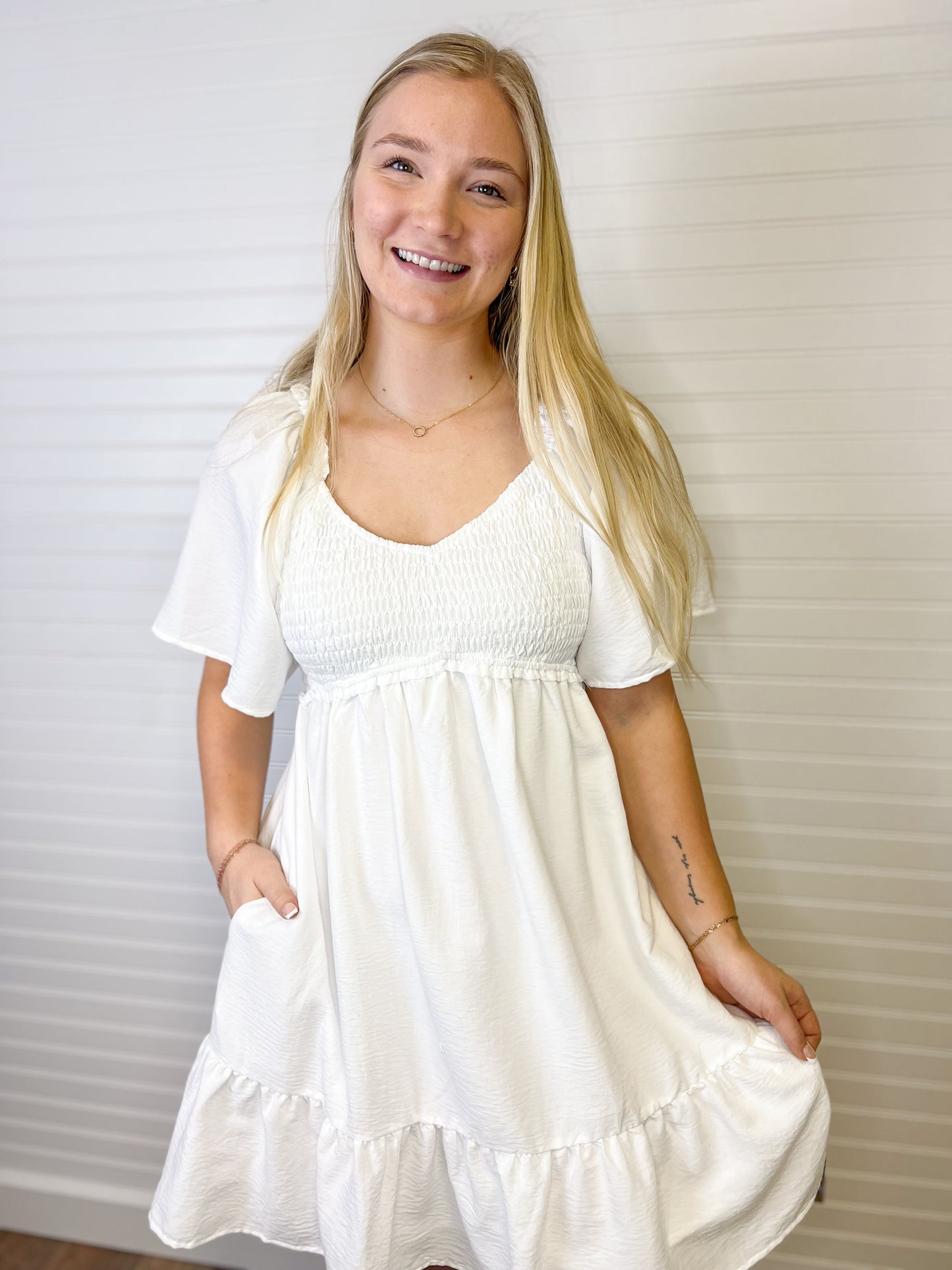 Flare Smocked Mini Dress - Off White