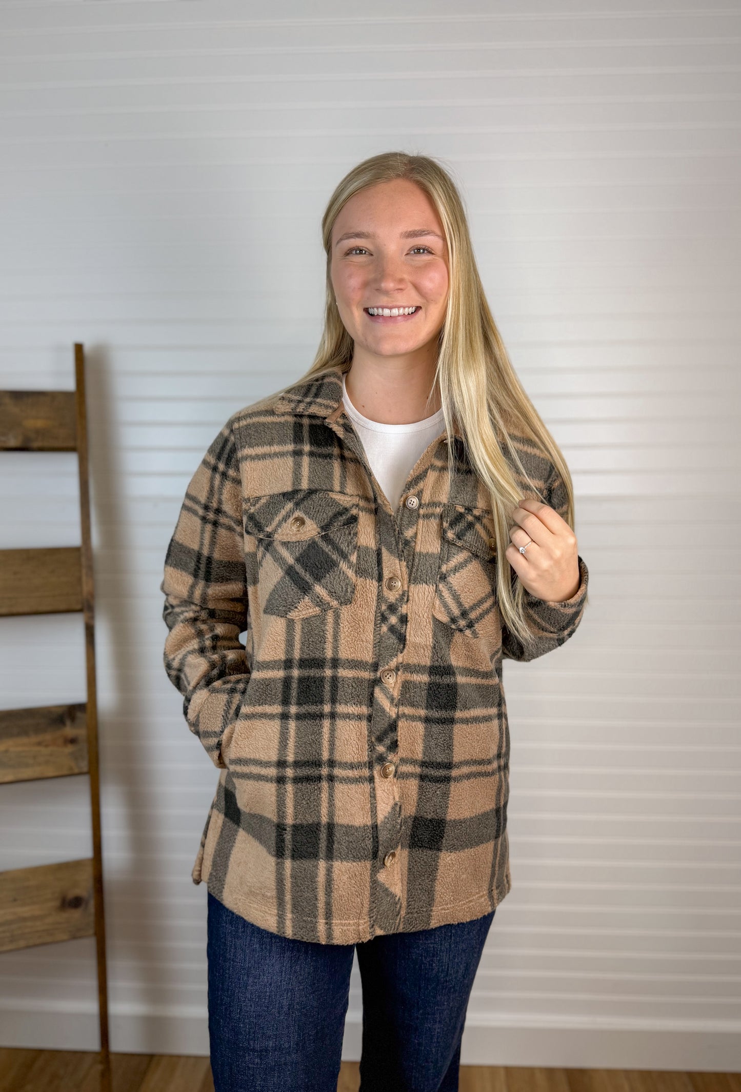 Cozy Fleece Plaid Shacket - Caramel/Black