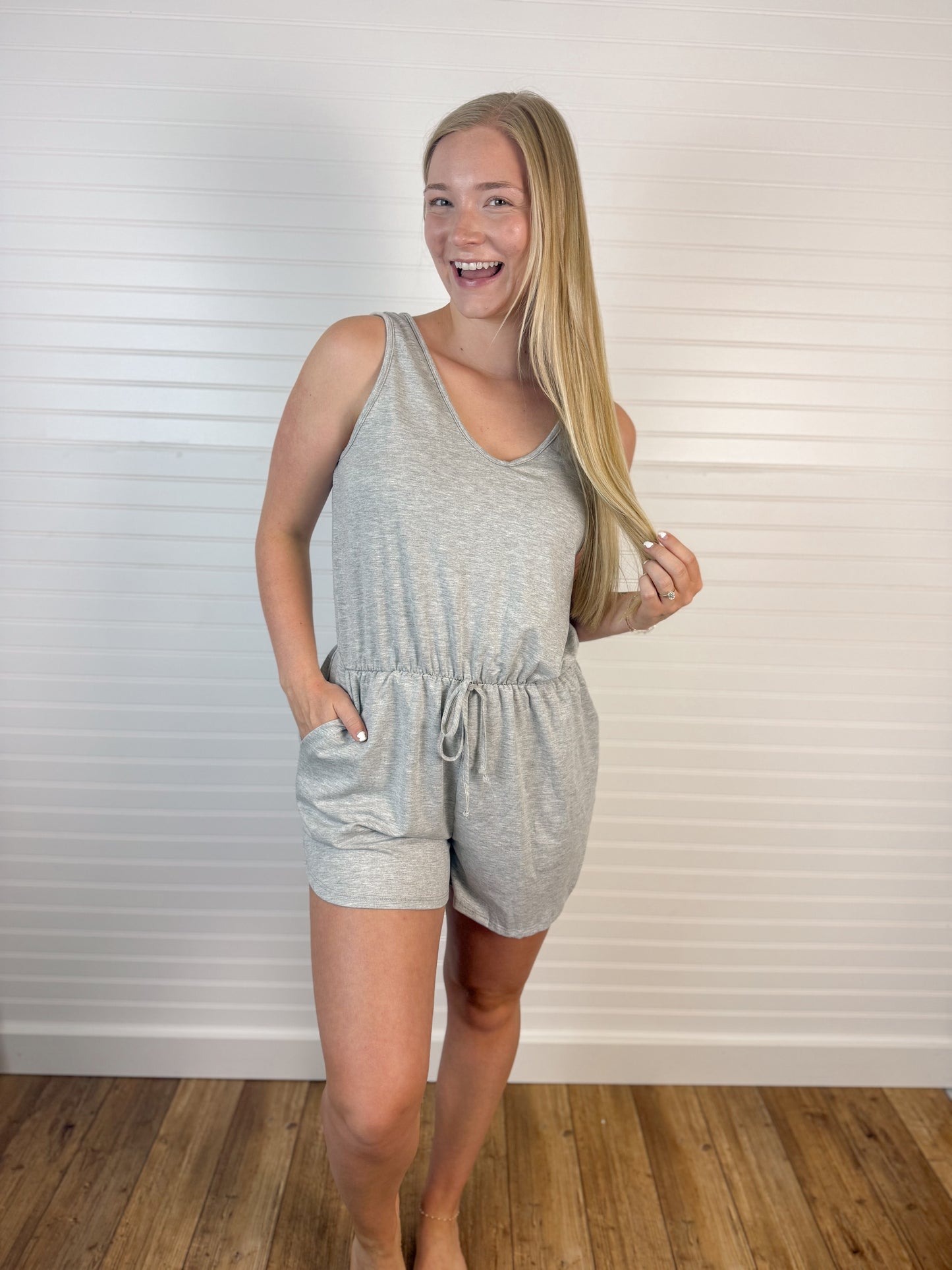 French Terry V-Neck Romper - Heather Gray
