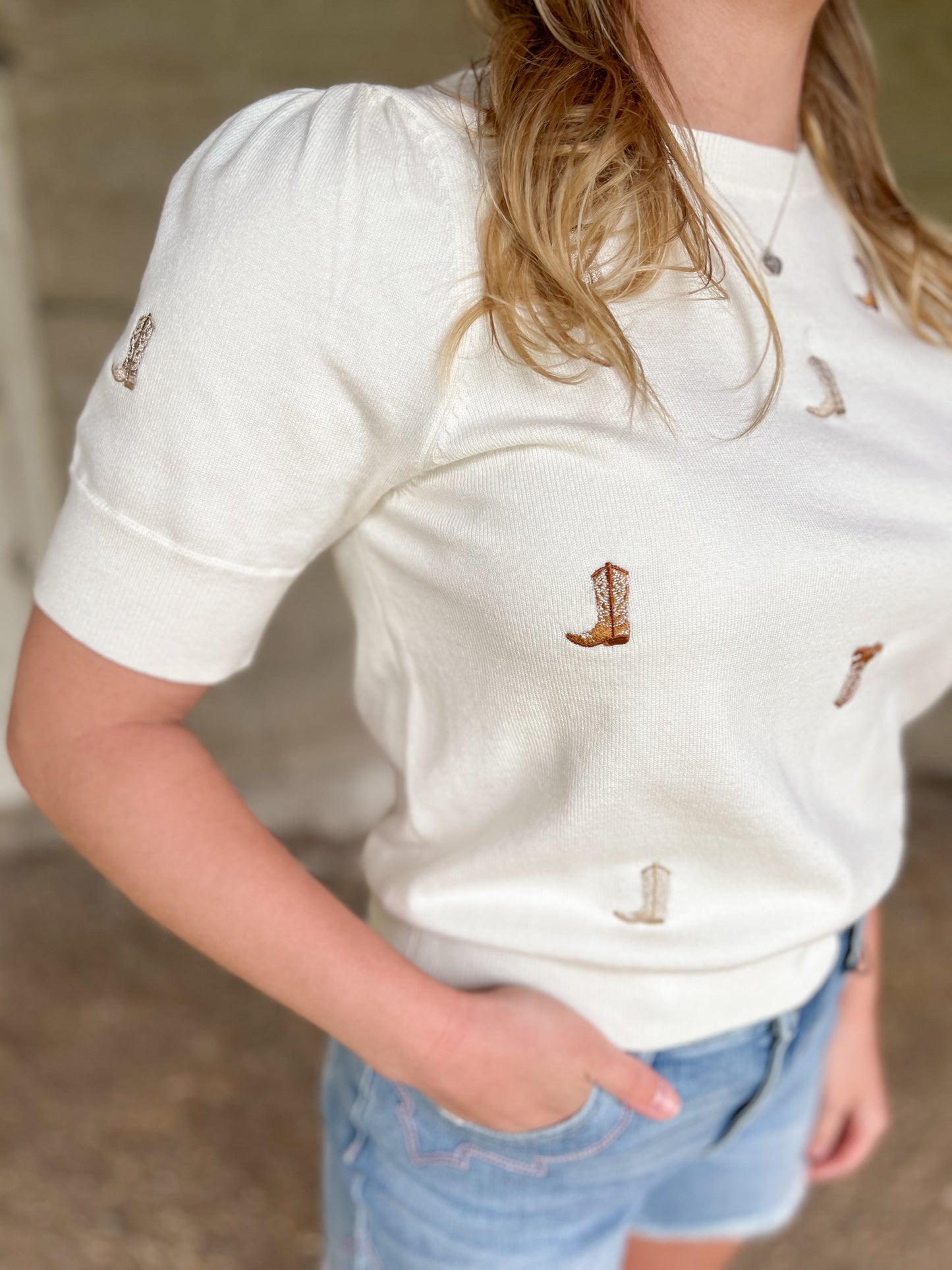 Embroidered Cowboy Boot Top - Cream