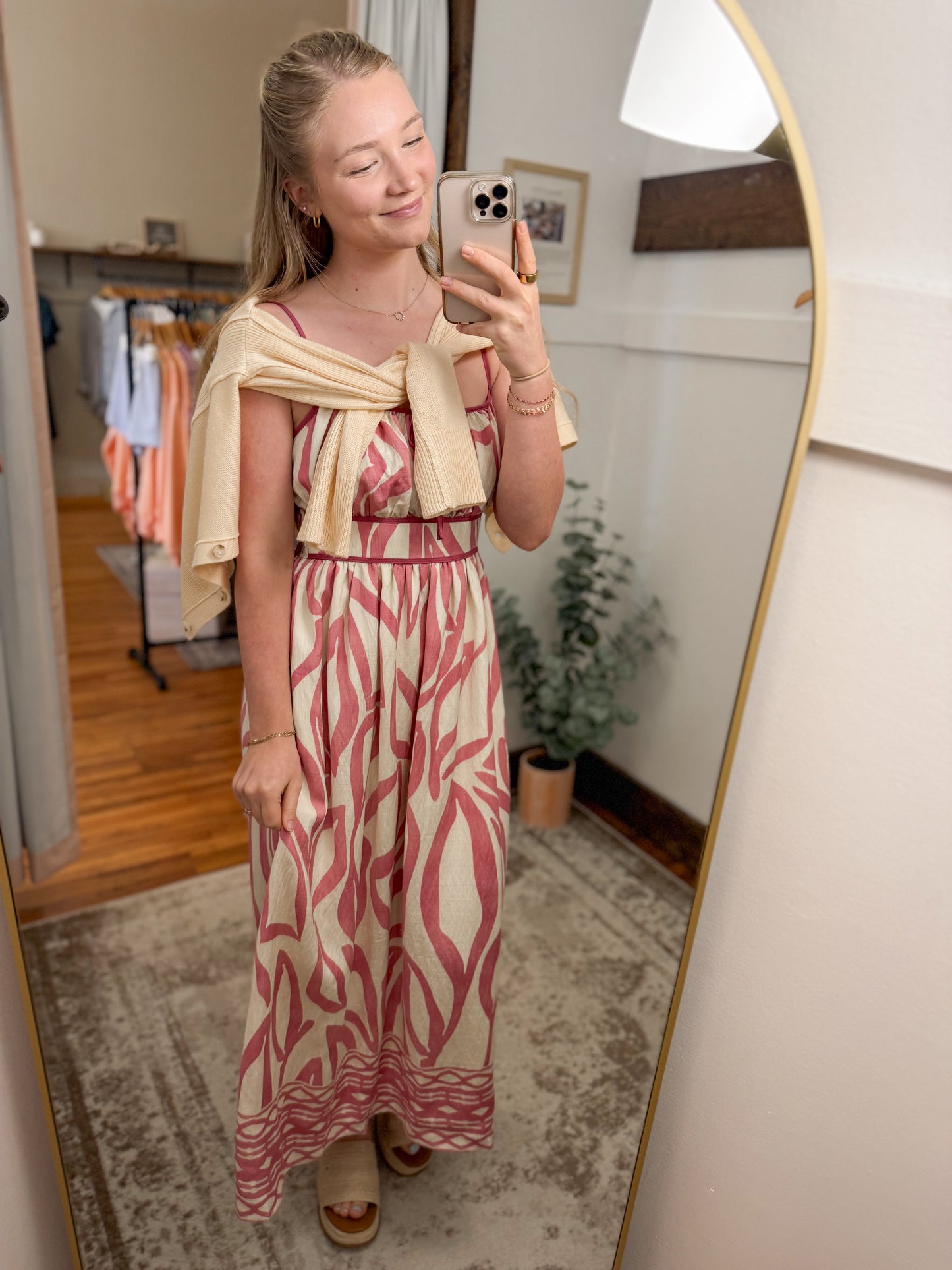 Resort Border Printed Midi Dress - Pink