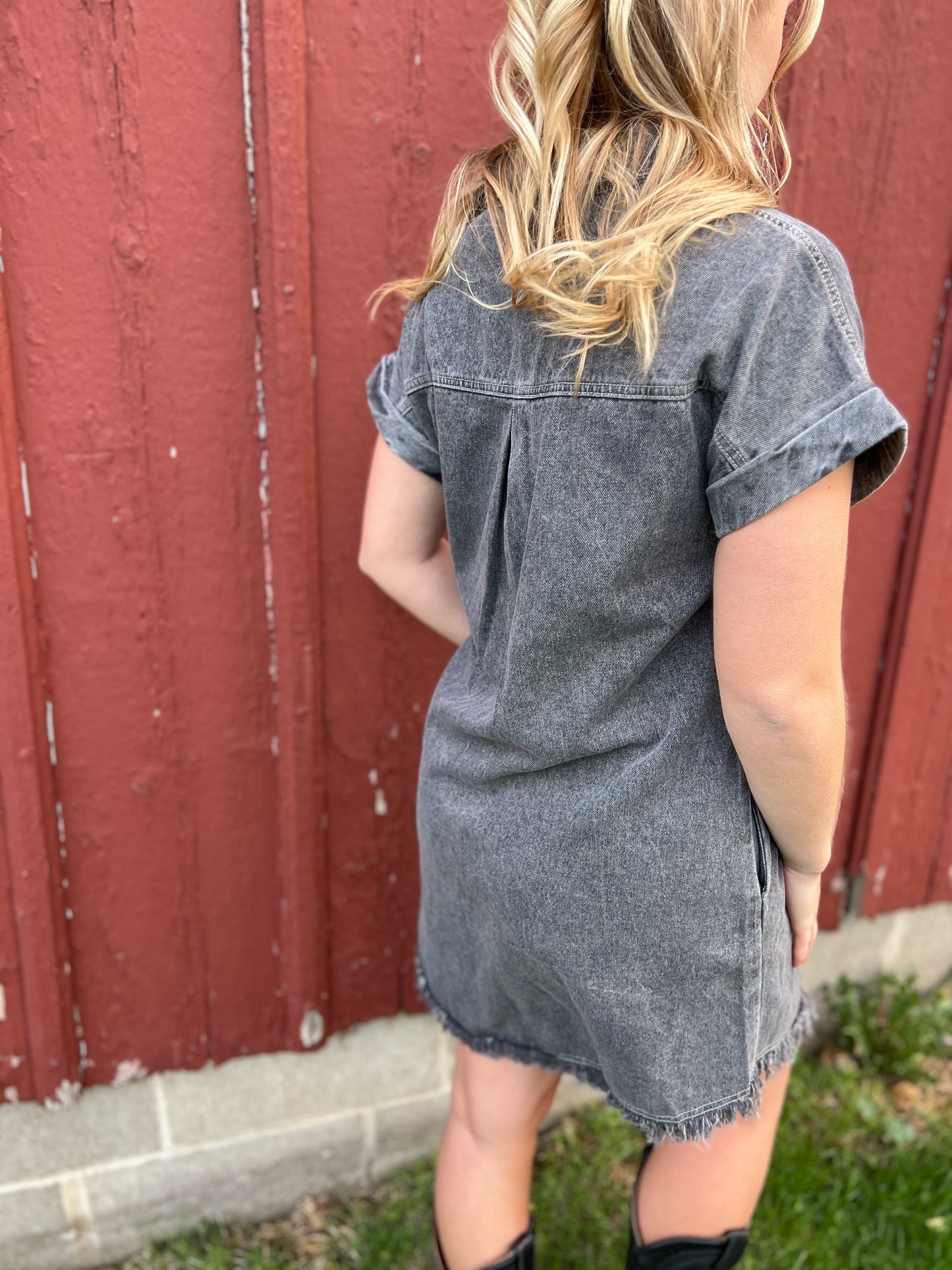 Frayed Hem Denim Dress - Black