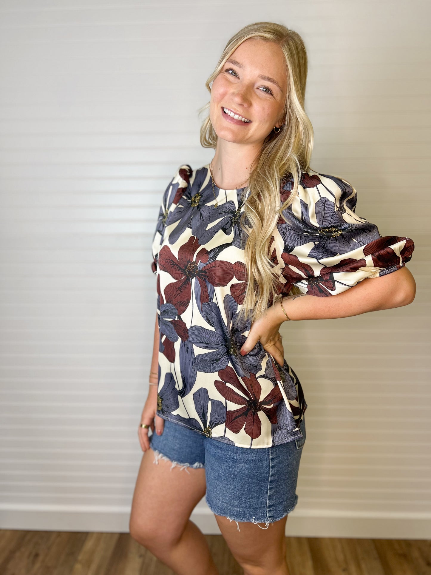 Floral Puff 3/4 Sleeve Top - Blue Grey