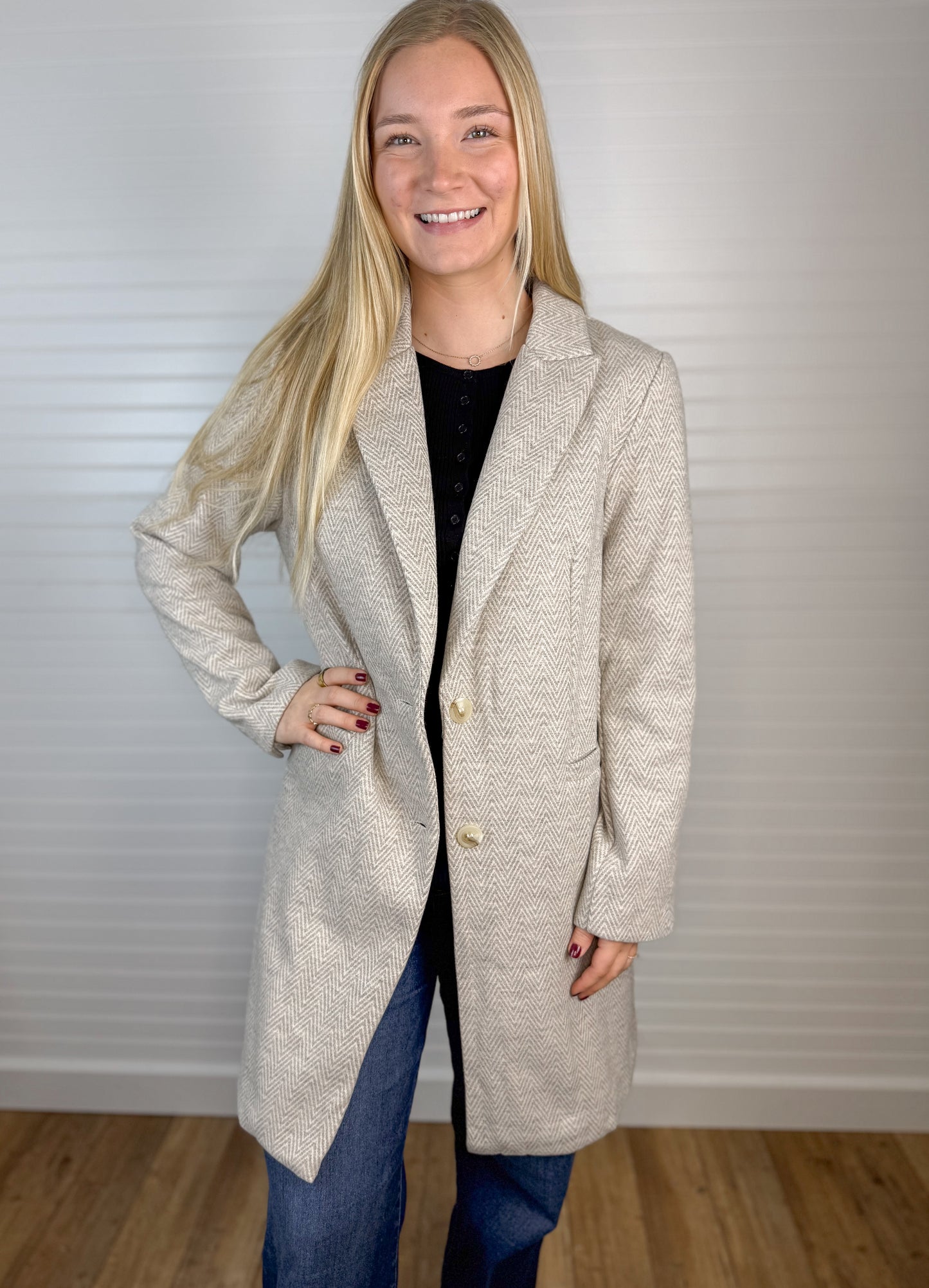 Lightweight Chevron Double Button Coat - Earth Grey