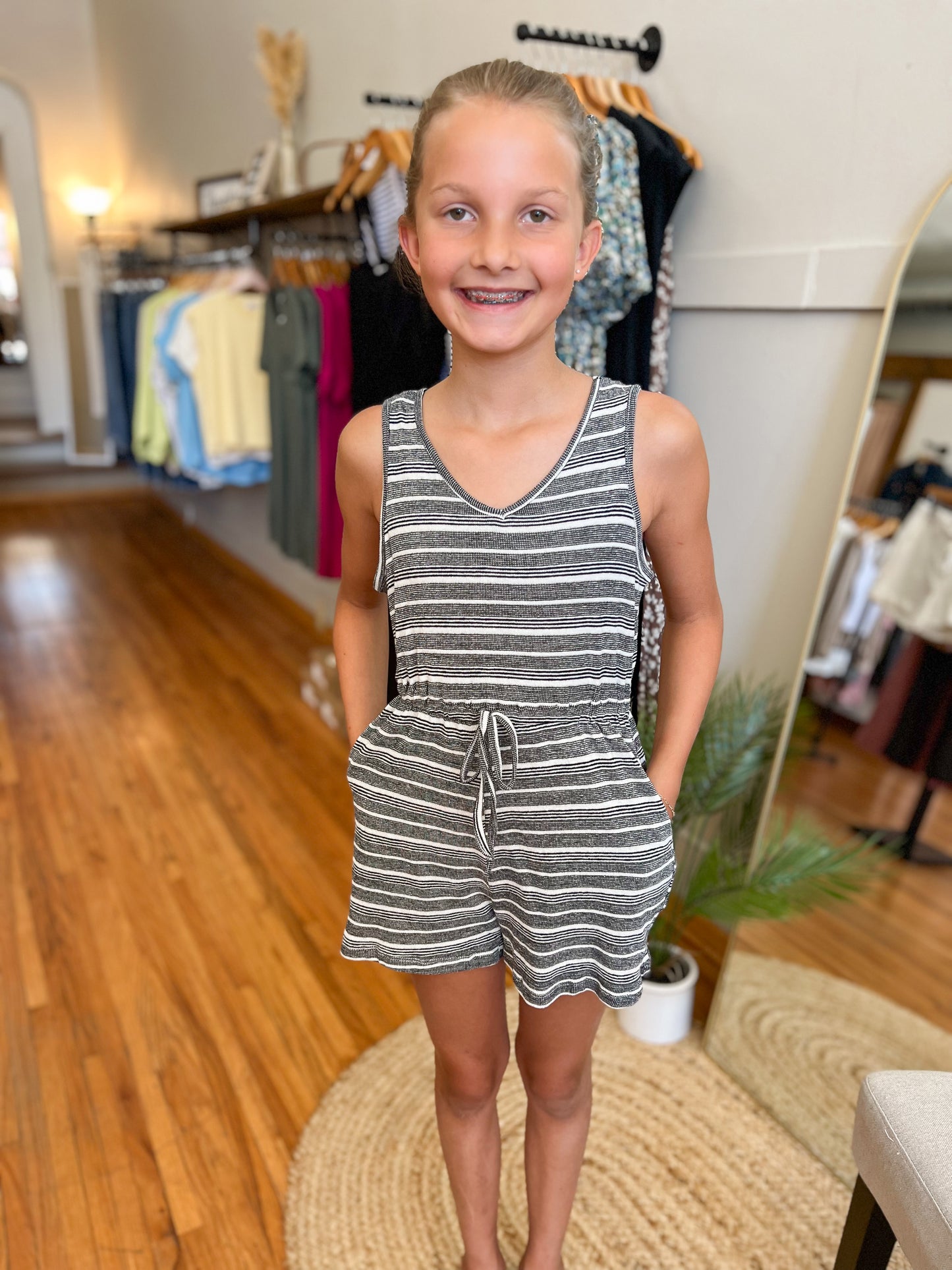 Girls Drawstring Romper - Black/White