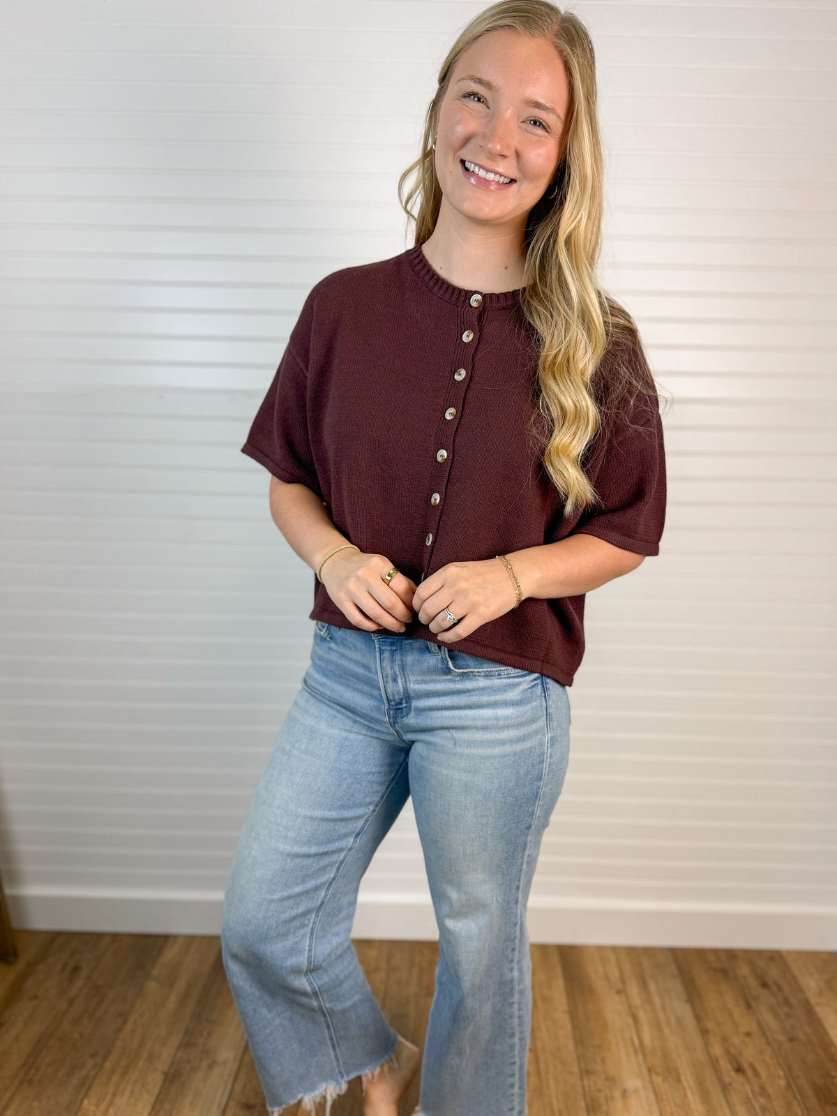Short Sleeve Button Front Knit Top - Espresso