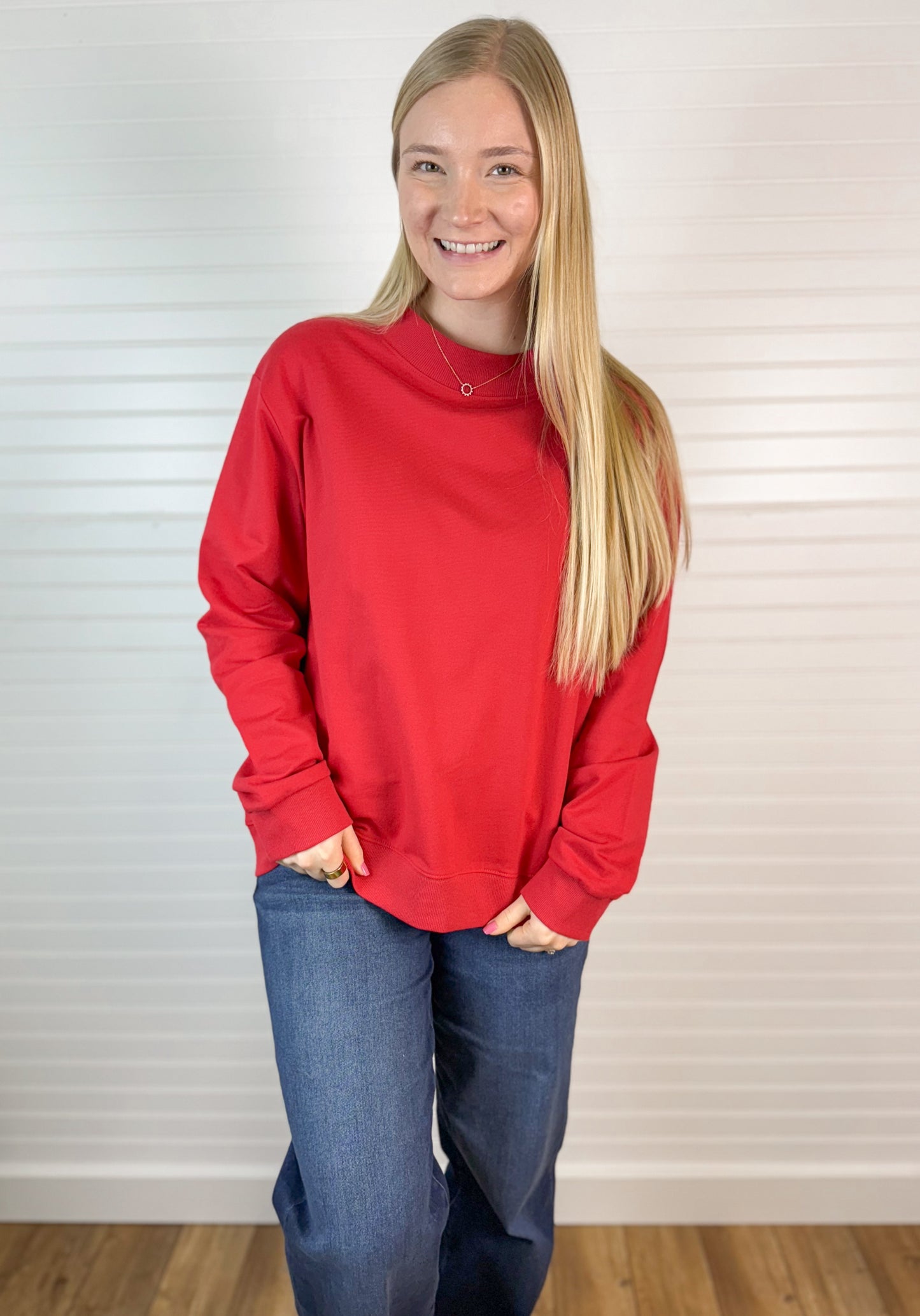 Mock Neck Terry Sweatshirt - Crimson