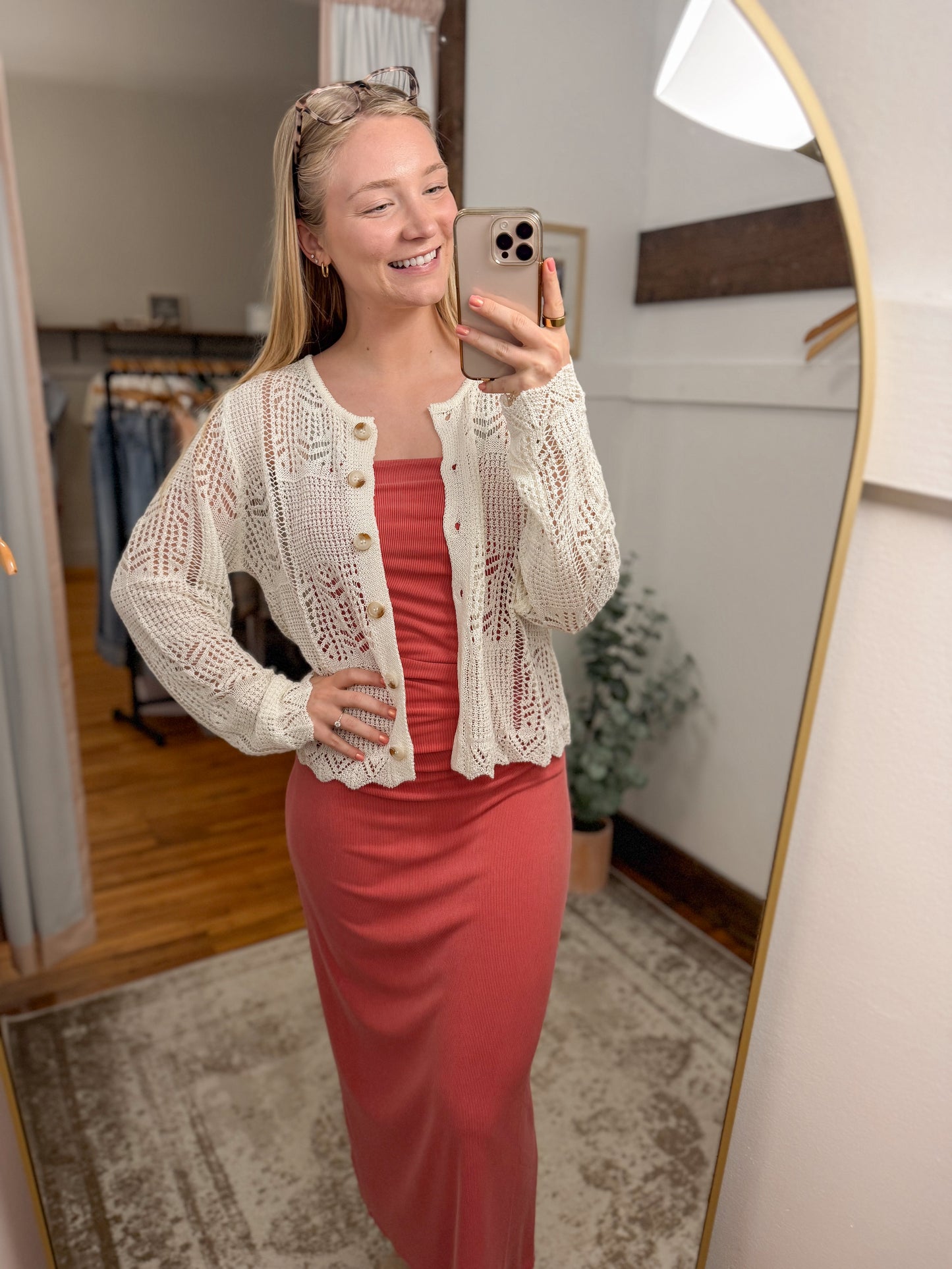 Pointelle Button Down Cardigan - Cream