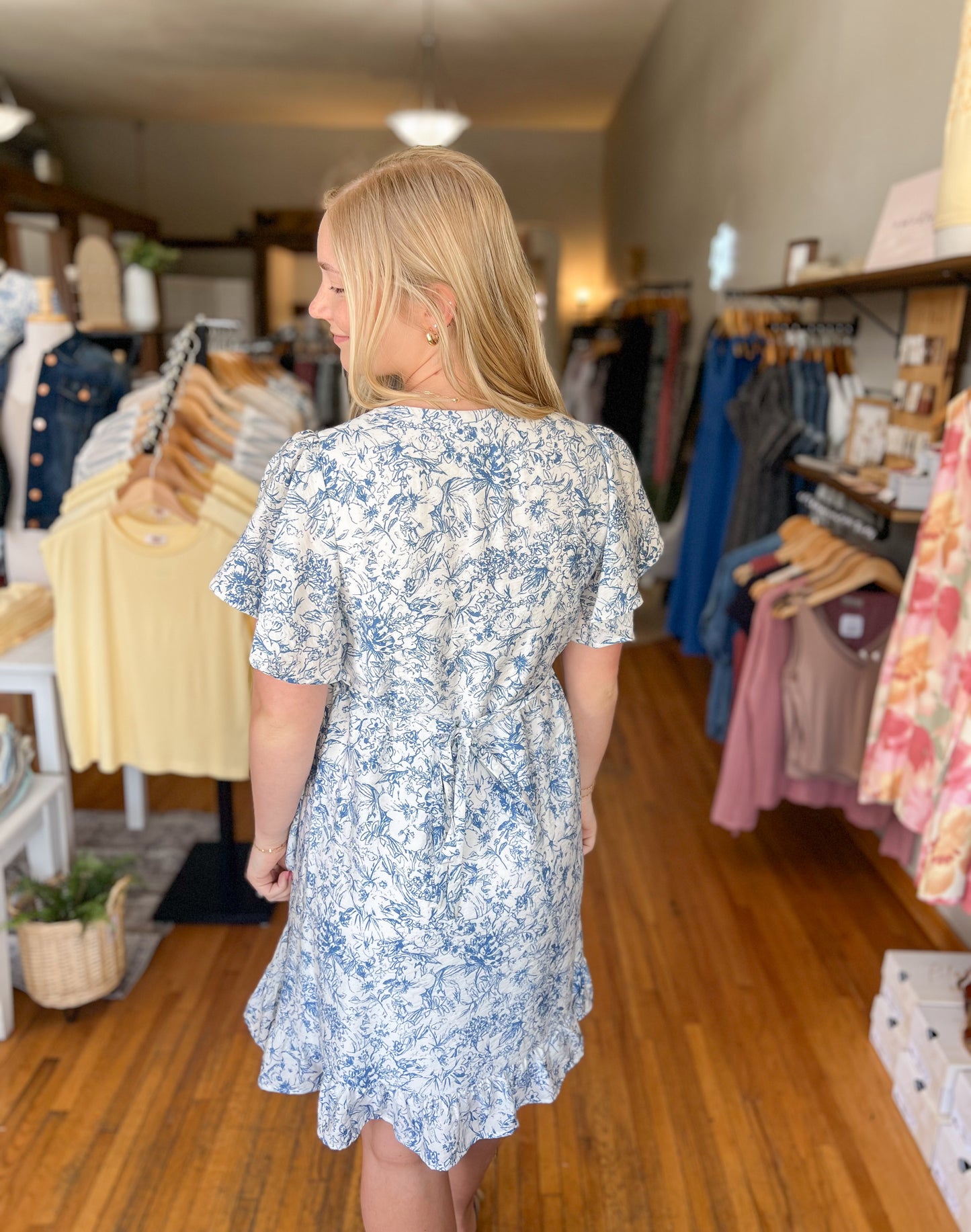 Ruffle Short Sleeve Back Tie Dress - Blue/Ivory