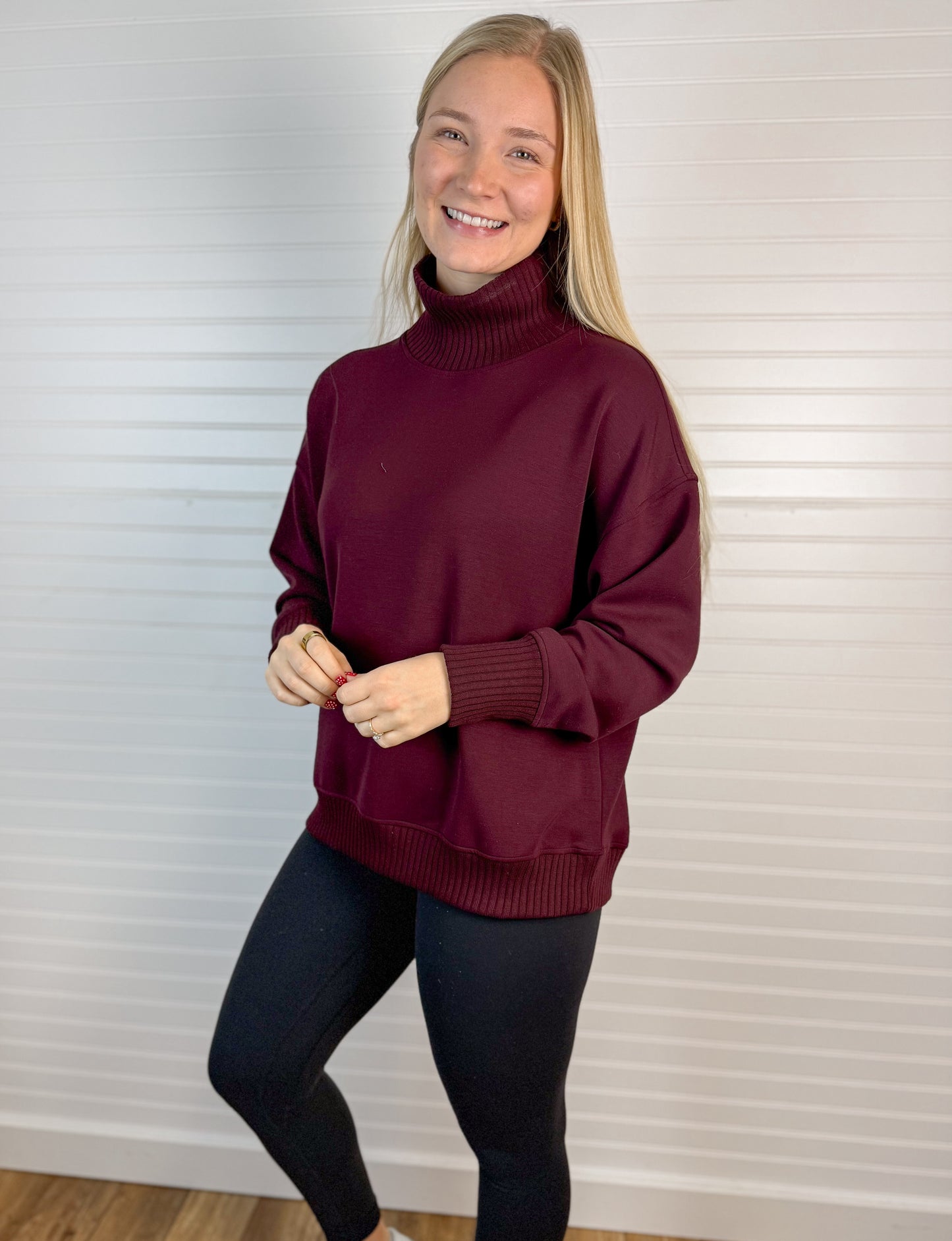 Modal Scuba Ribbed Mock Neck Pullover - Cherry