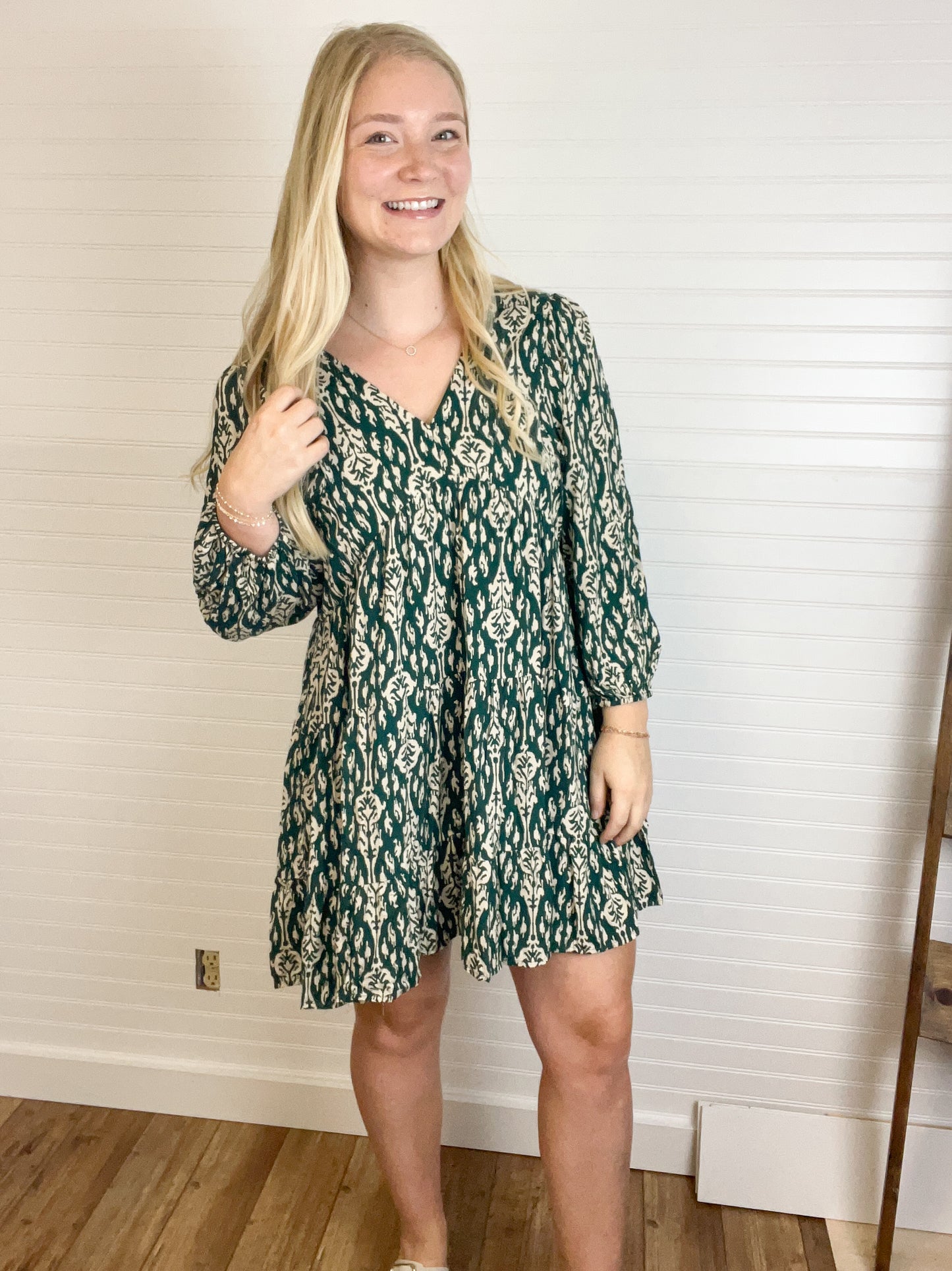 Tie Front 3/4 Sleeve Mini Dress - Green/Shell