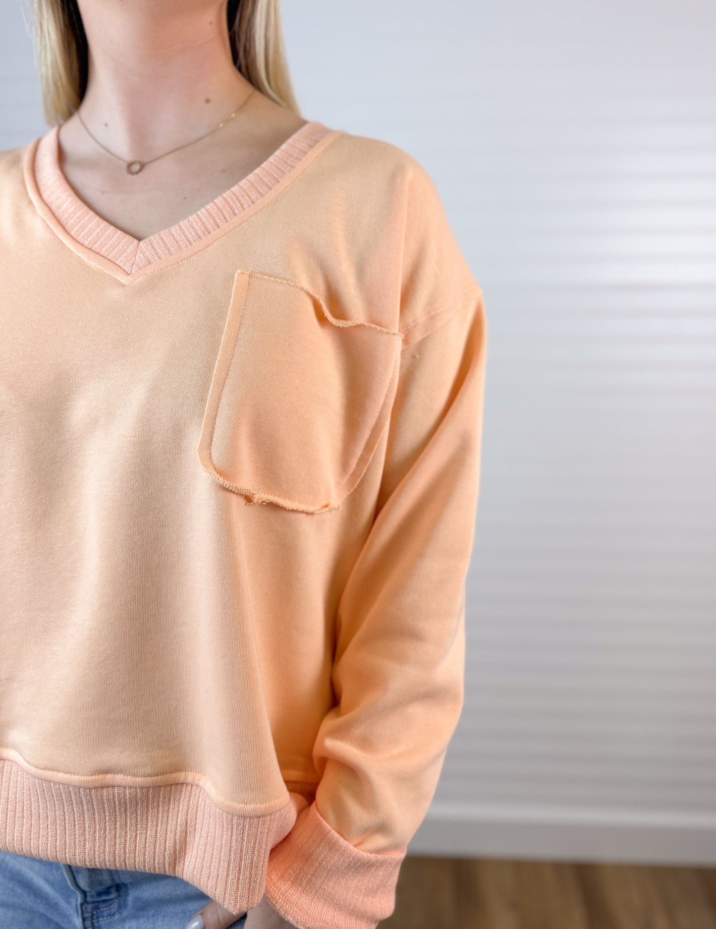 V-Neck Front Pocket Pullover - Peach