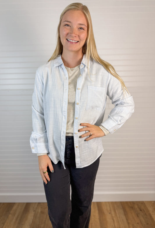 Pinstripe Cotton Blend Button Up - Light Blue