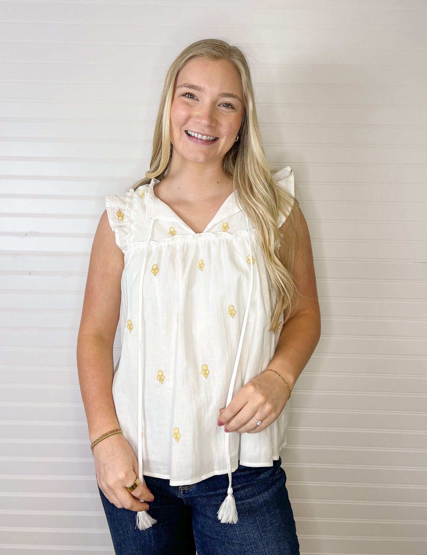 Embroidered Ruffle Blouse - Off White/Yellow