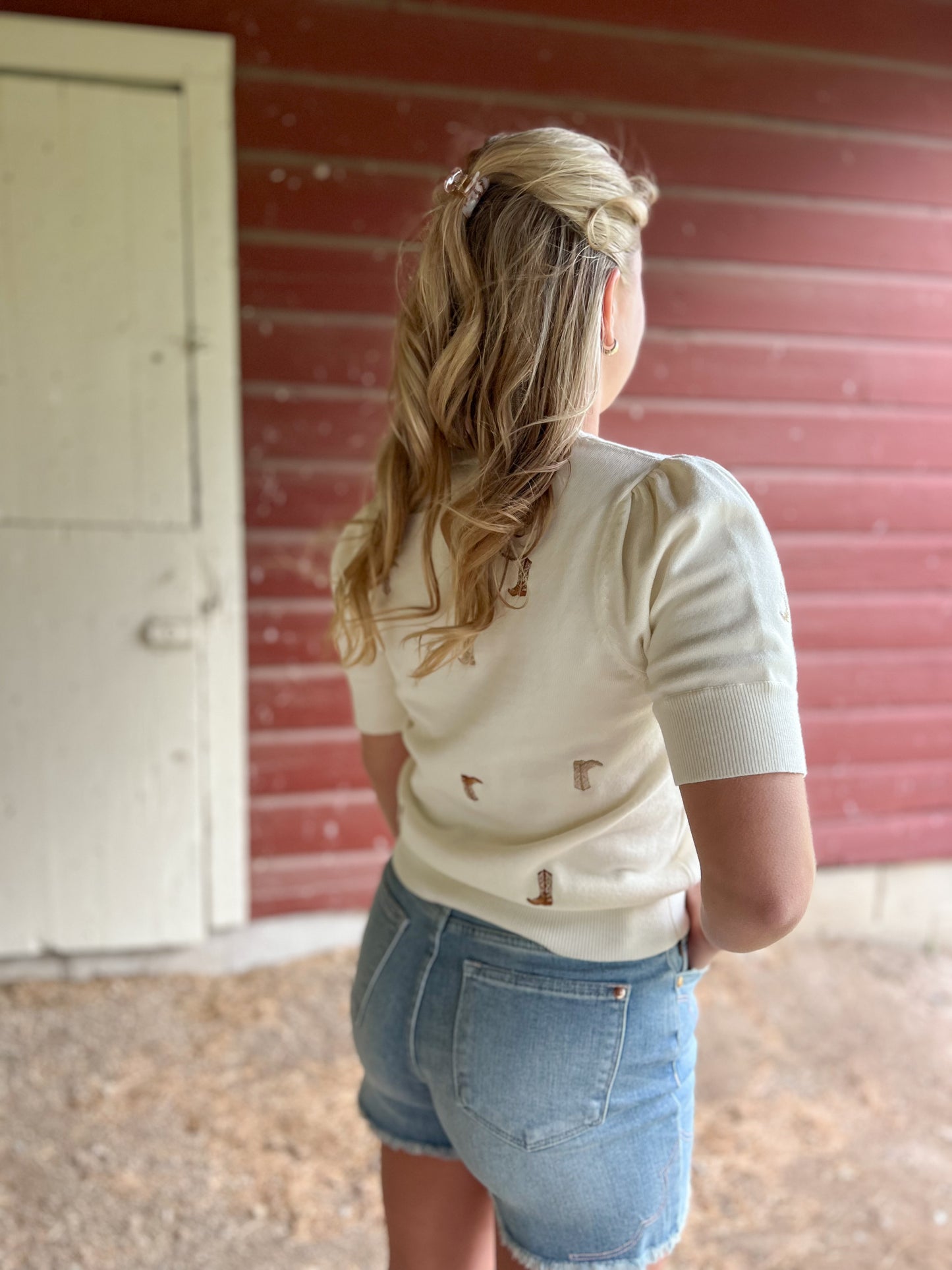 Embroidered Cowboy Boot Top - Cream