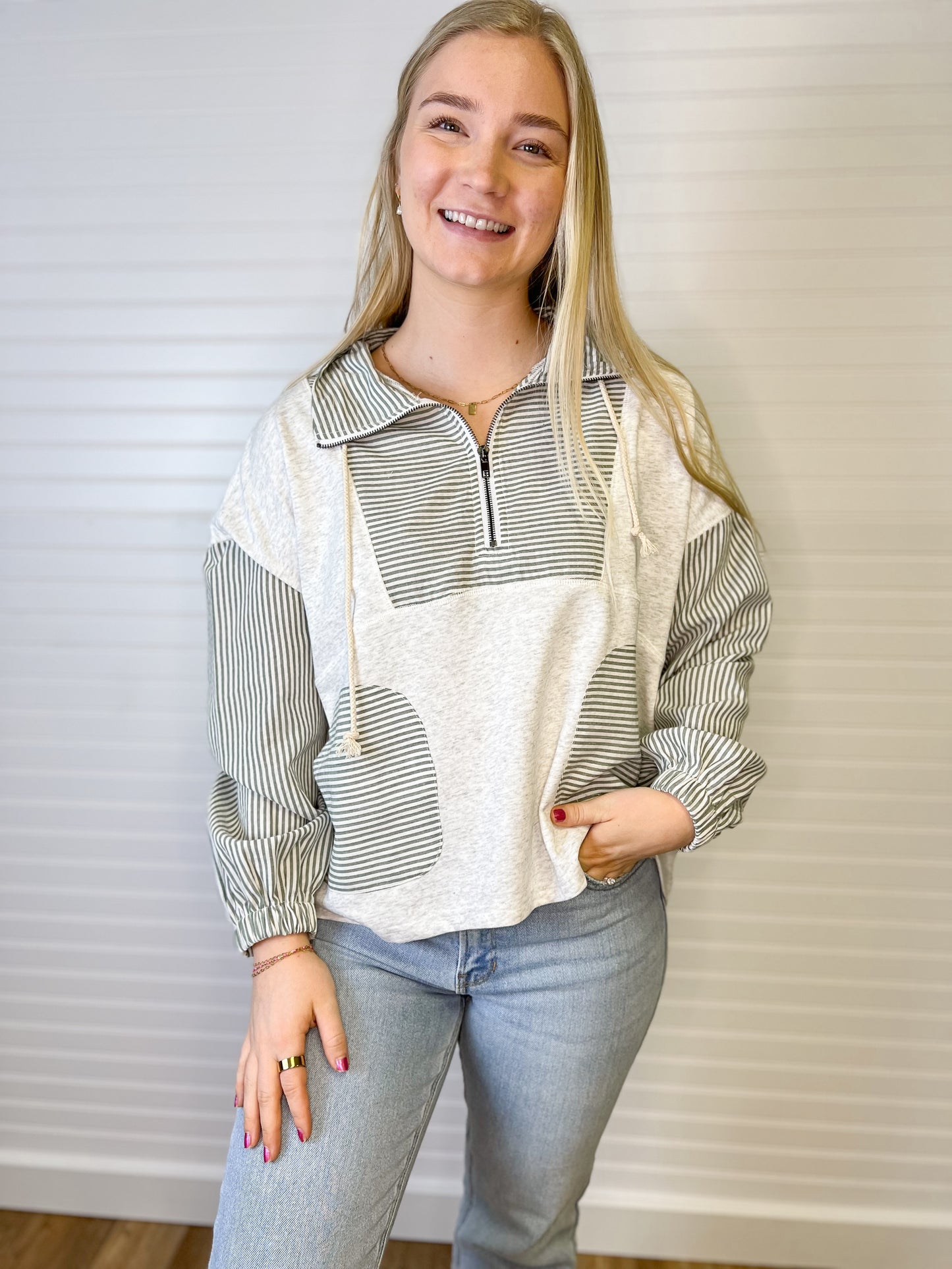 Stripe Half Zip Terry Sweatshirt - Green