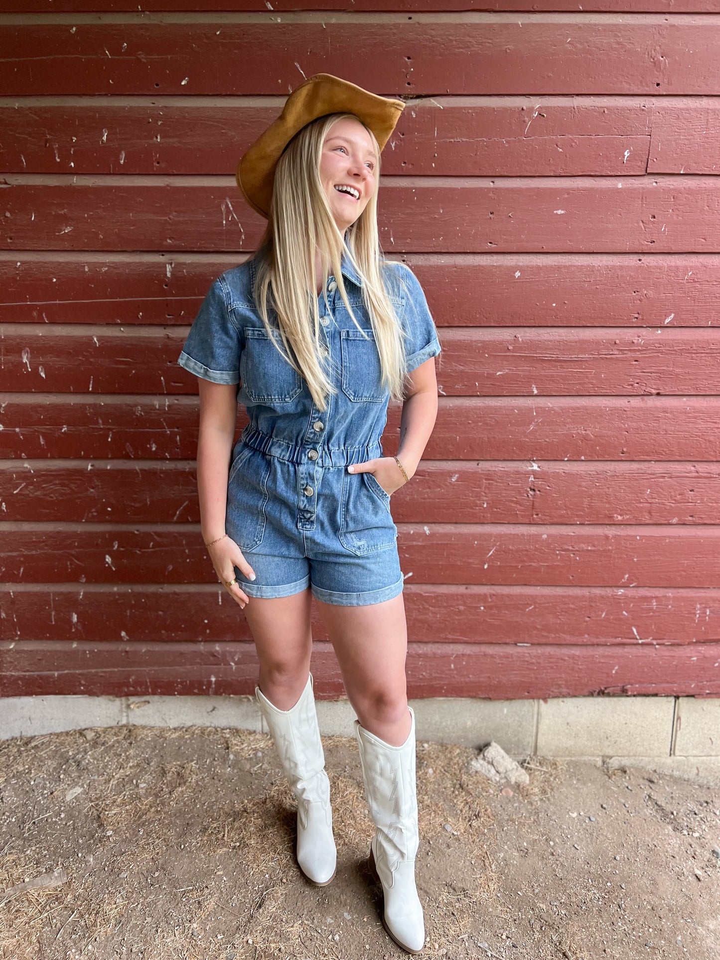 Washed Denim Romper - Medium Wash