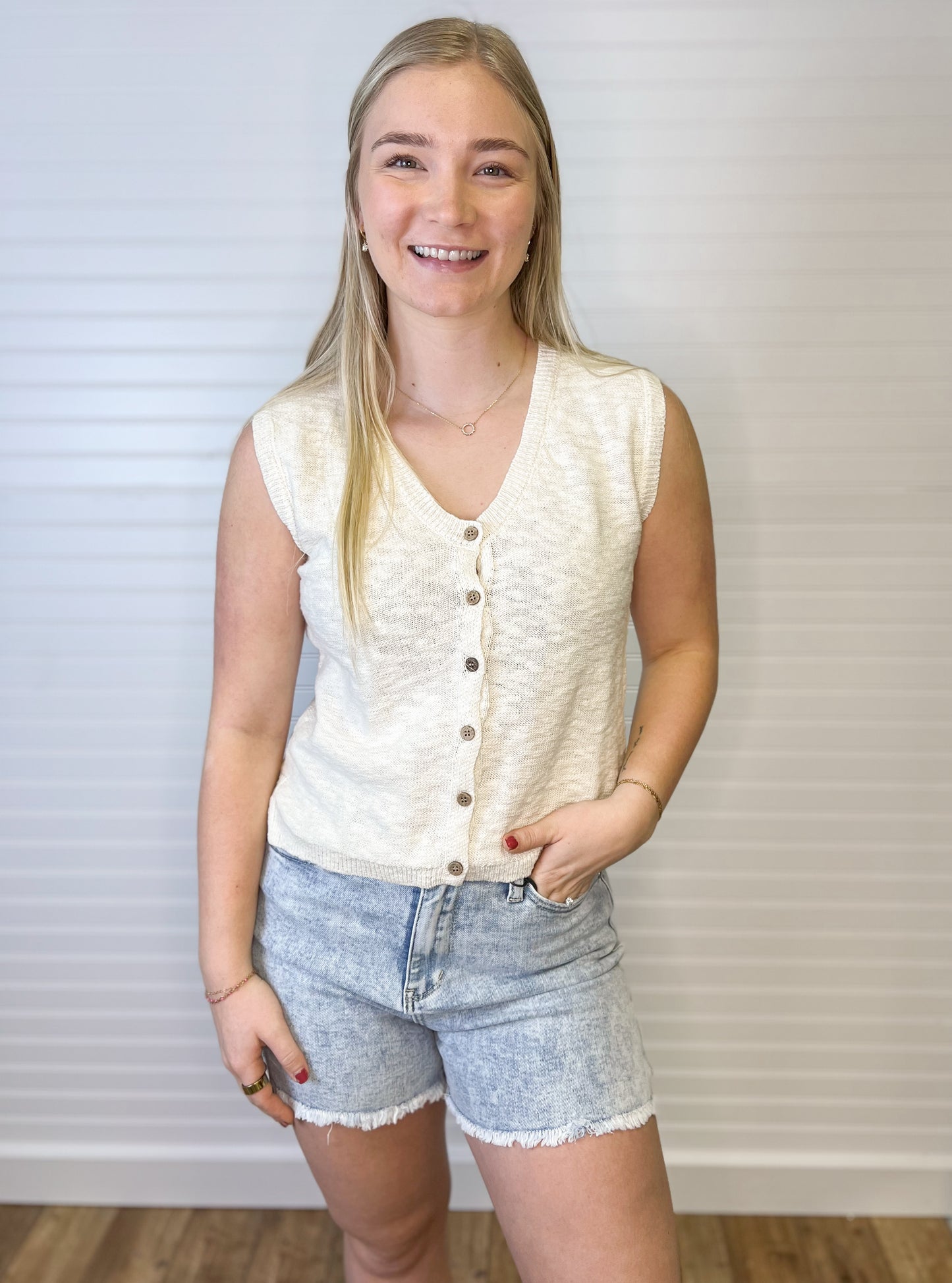 Cotton Button Up Sweater Top - Natural