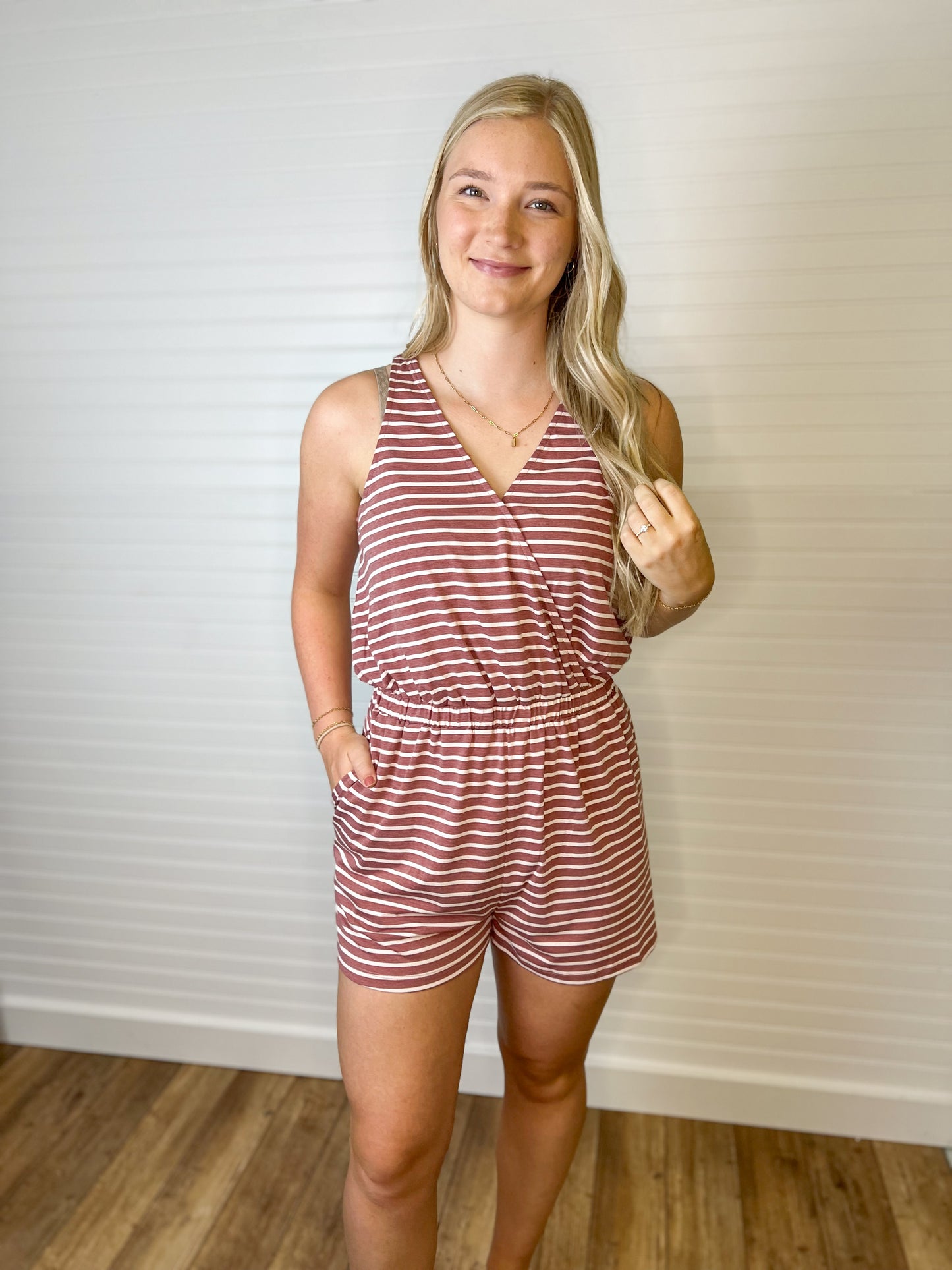 Striped V-Neck Romper - Brick