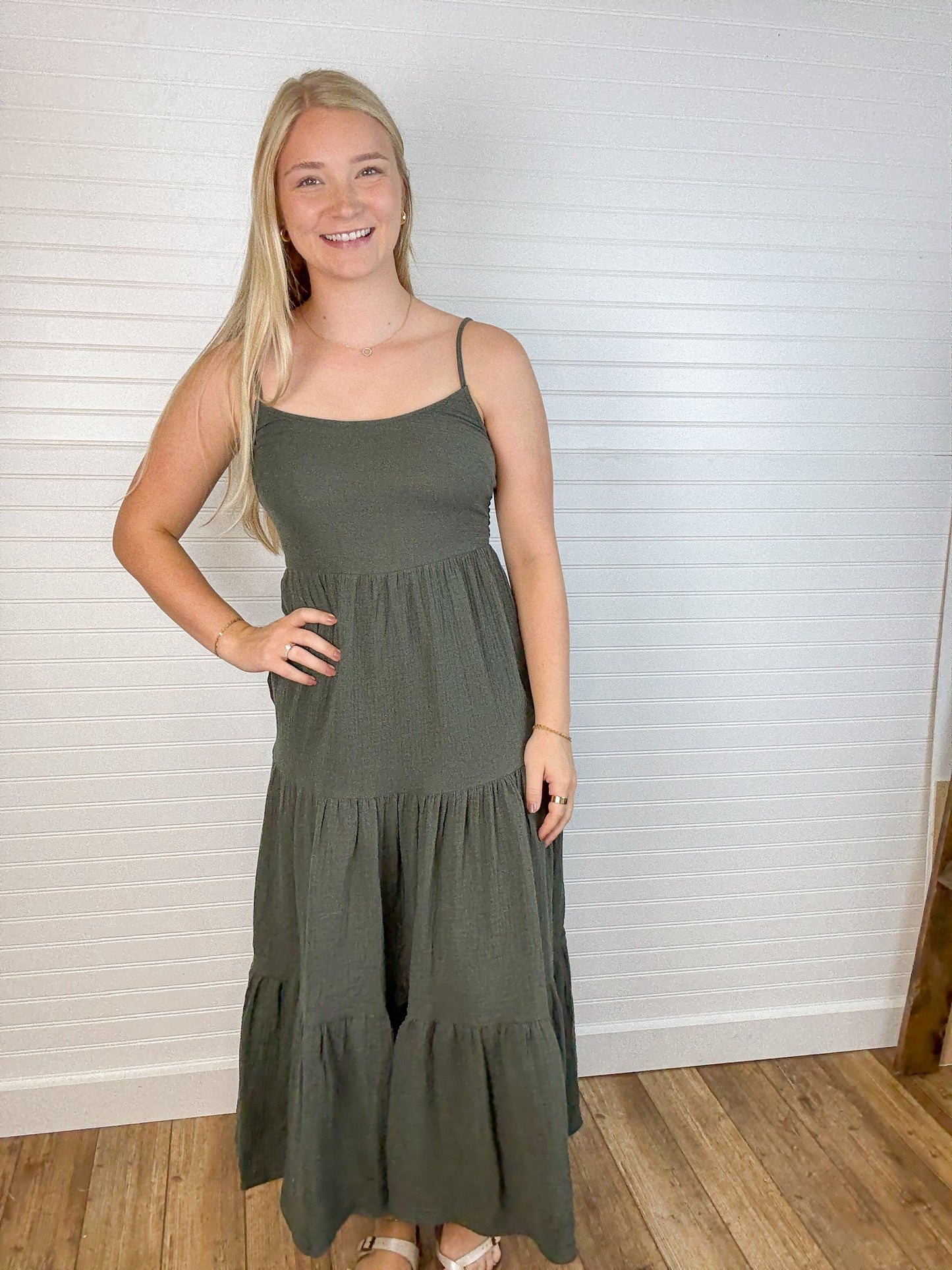 Cotton Tiered Midi Dress - Deep Olive