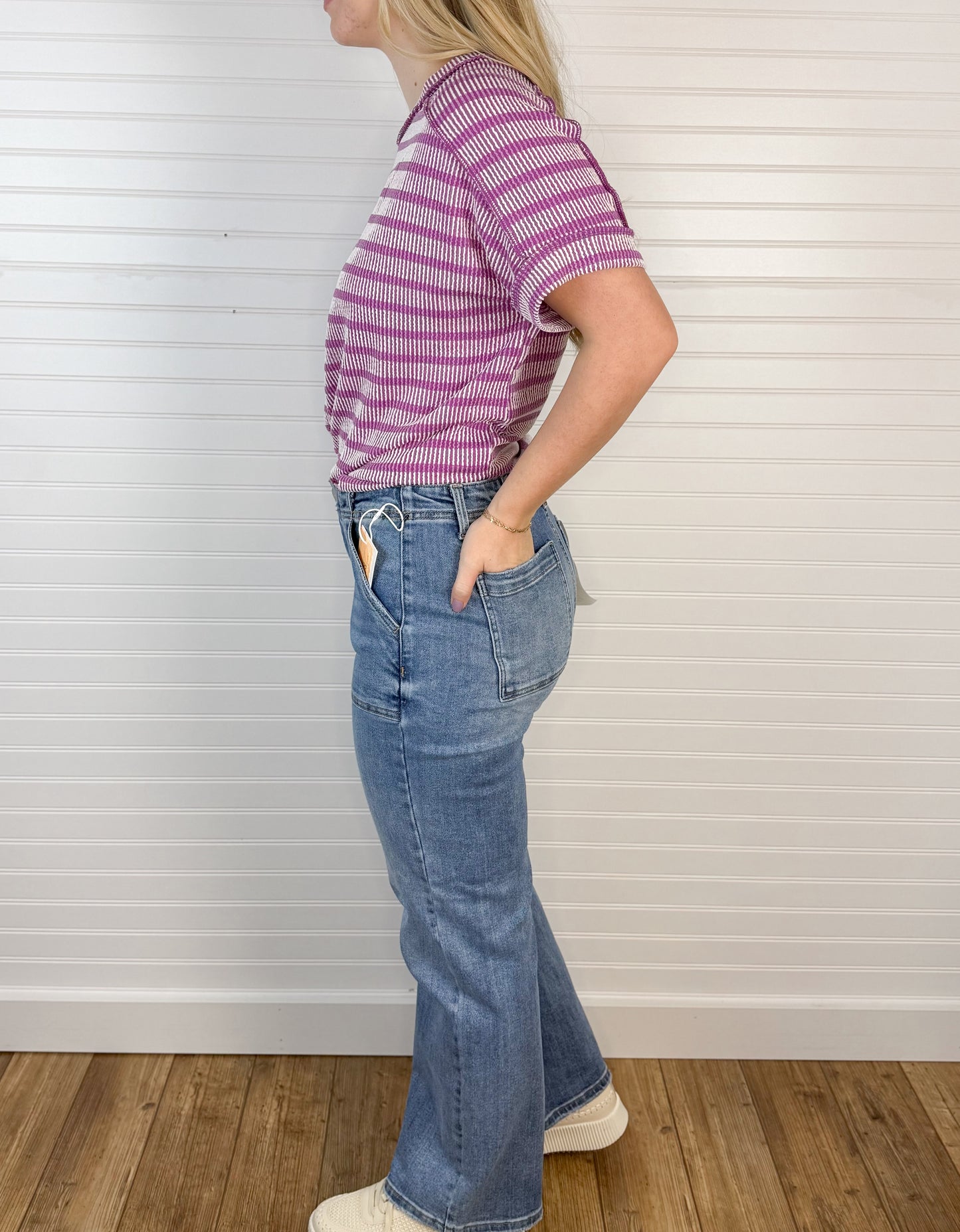 High Rise Ankle Flare Patch Denim