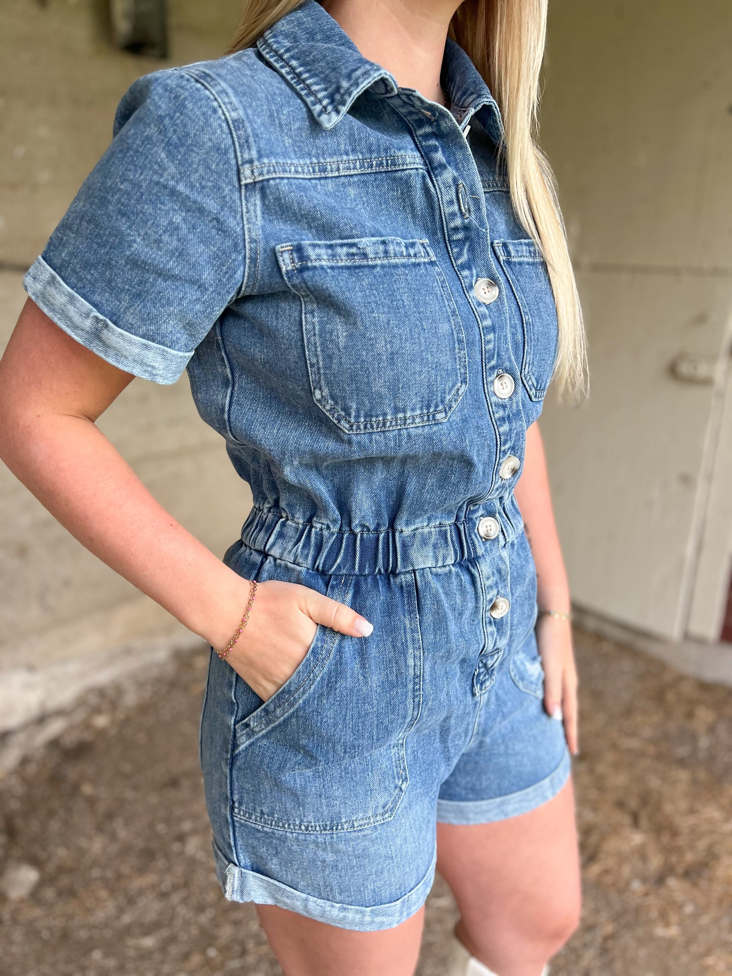 Washed Denim Romper - Medium Wash