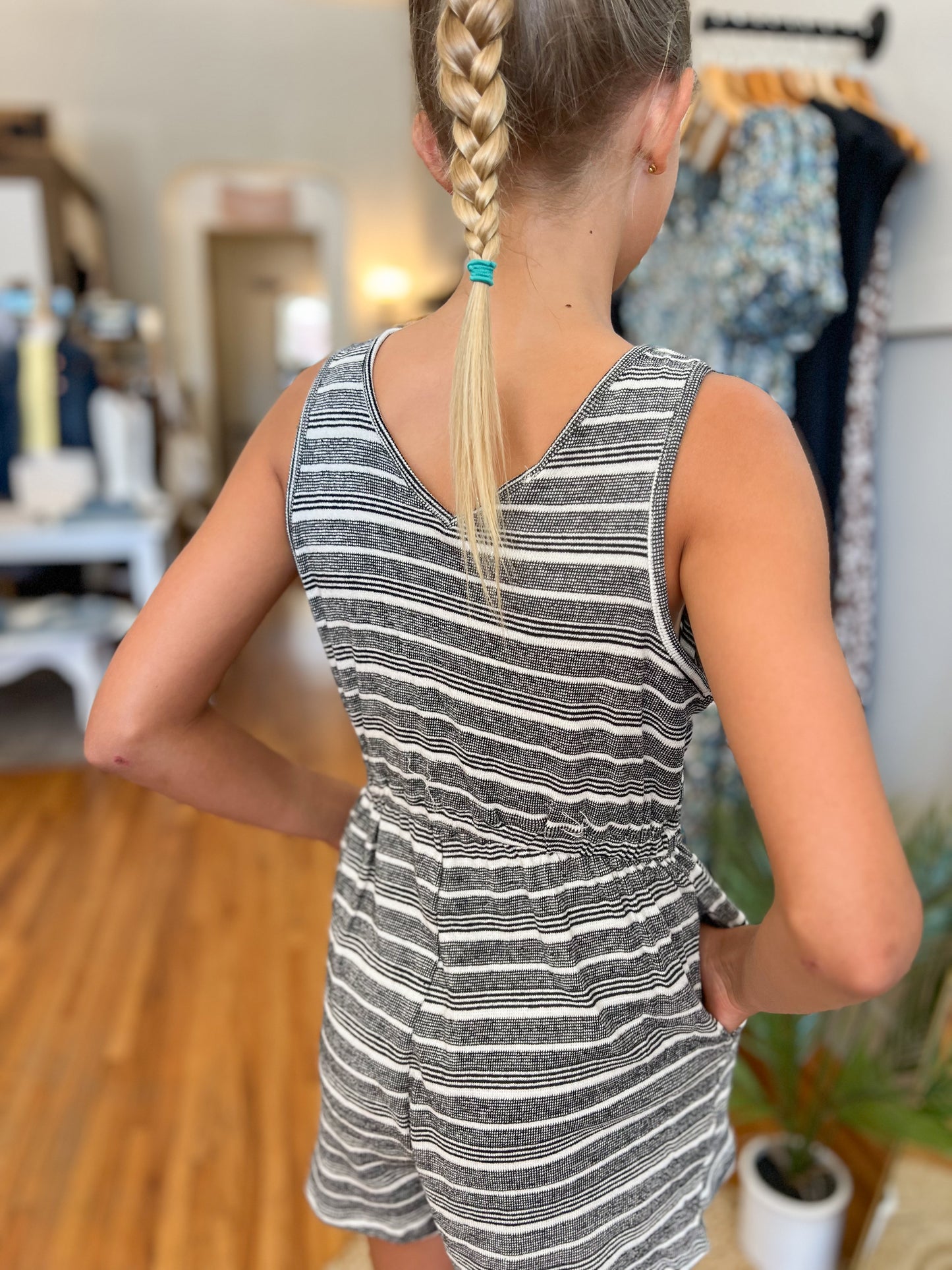 Girls Drawstring Romper - Black/White
