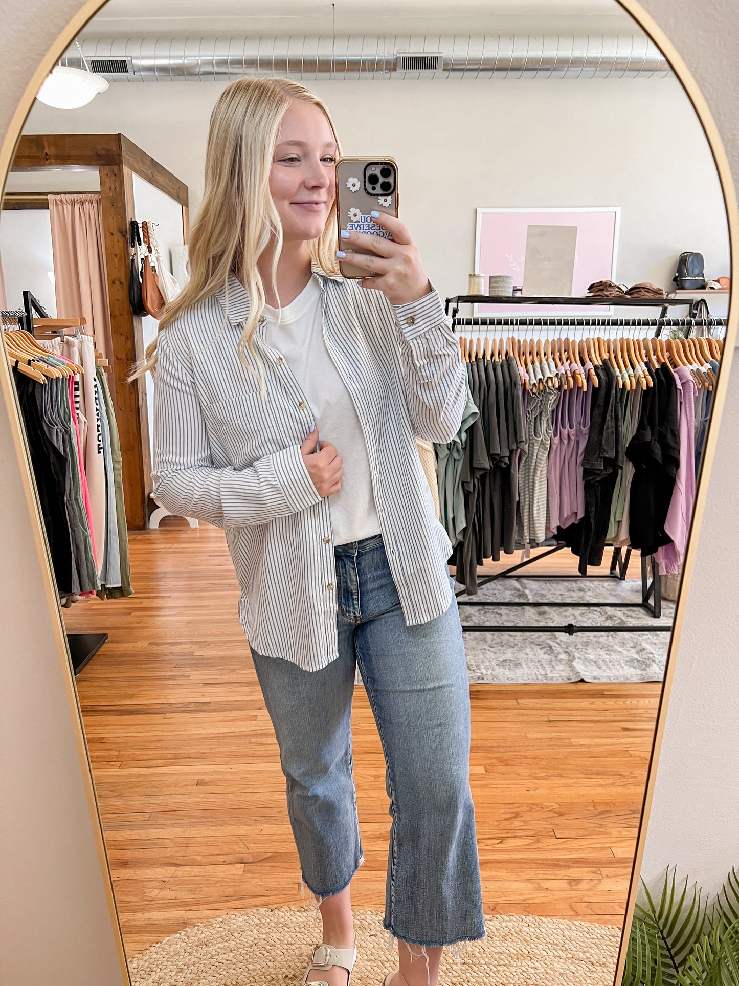 Pinstripe Button Up Long Sleeve Top - Denim/Ivory
