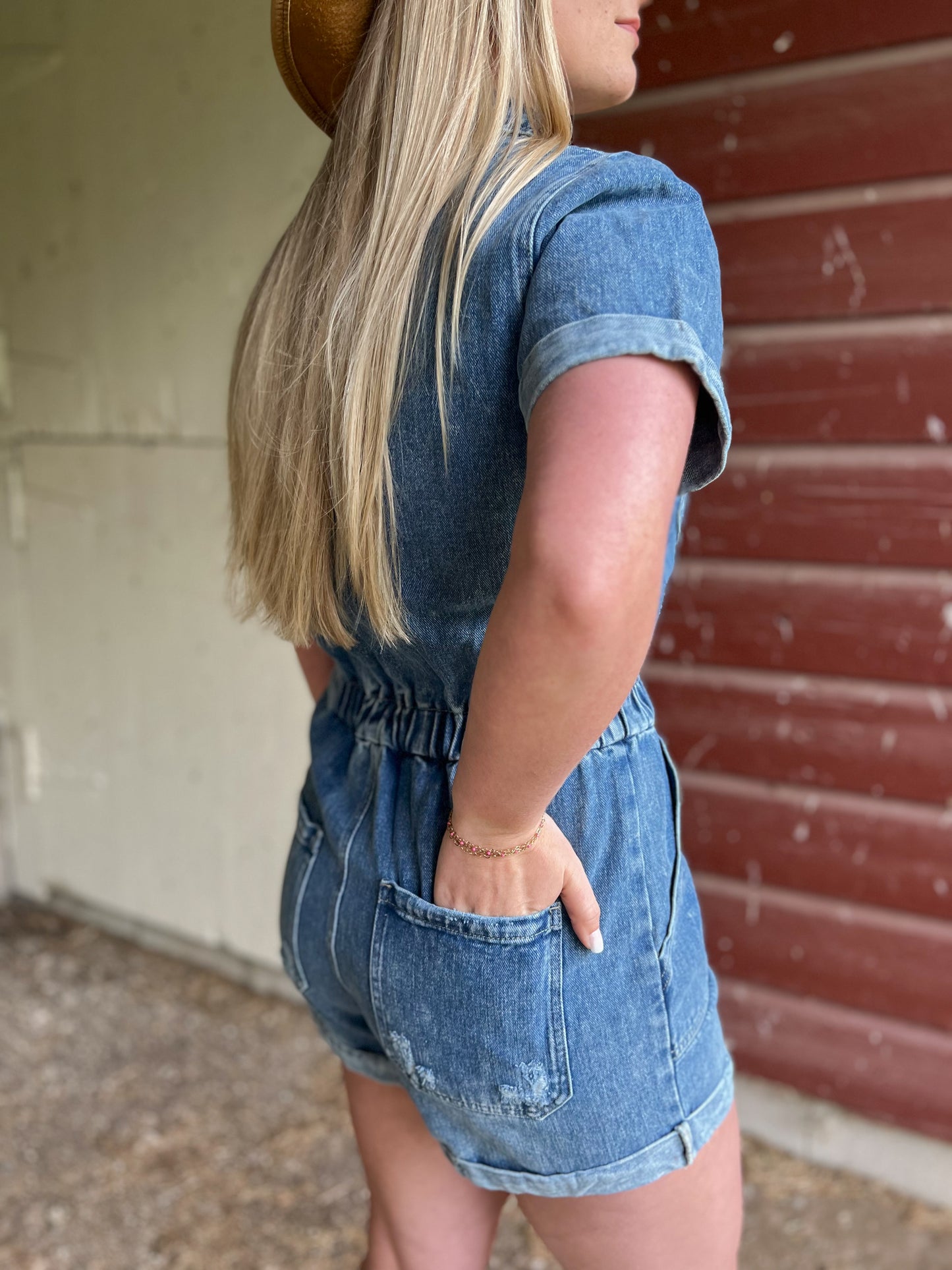 Washed Denim Romper - Medium Wash