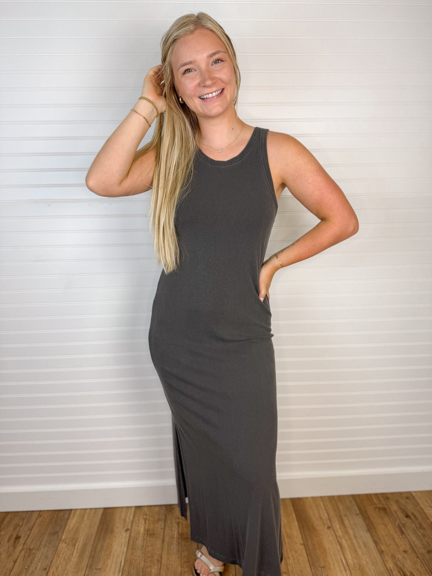 Ribbed Side Slit Tank Dress - Charcoal