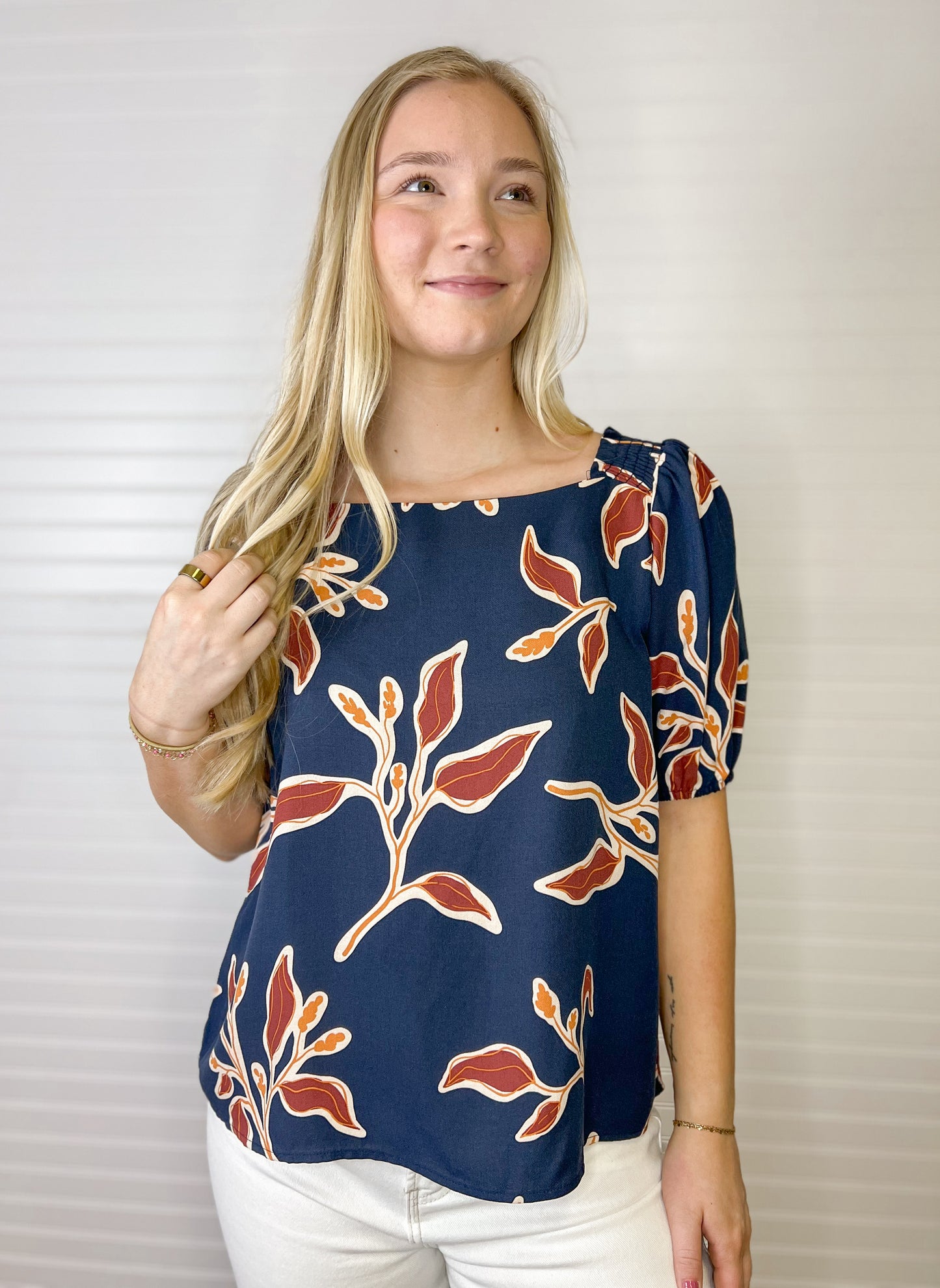 Square Neck Smocked Floral Top - Navy