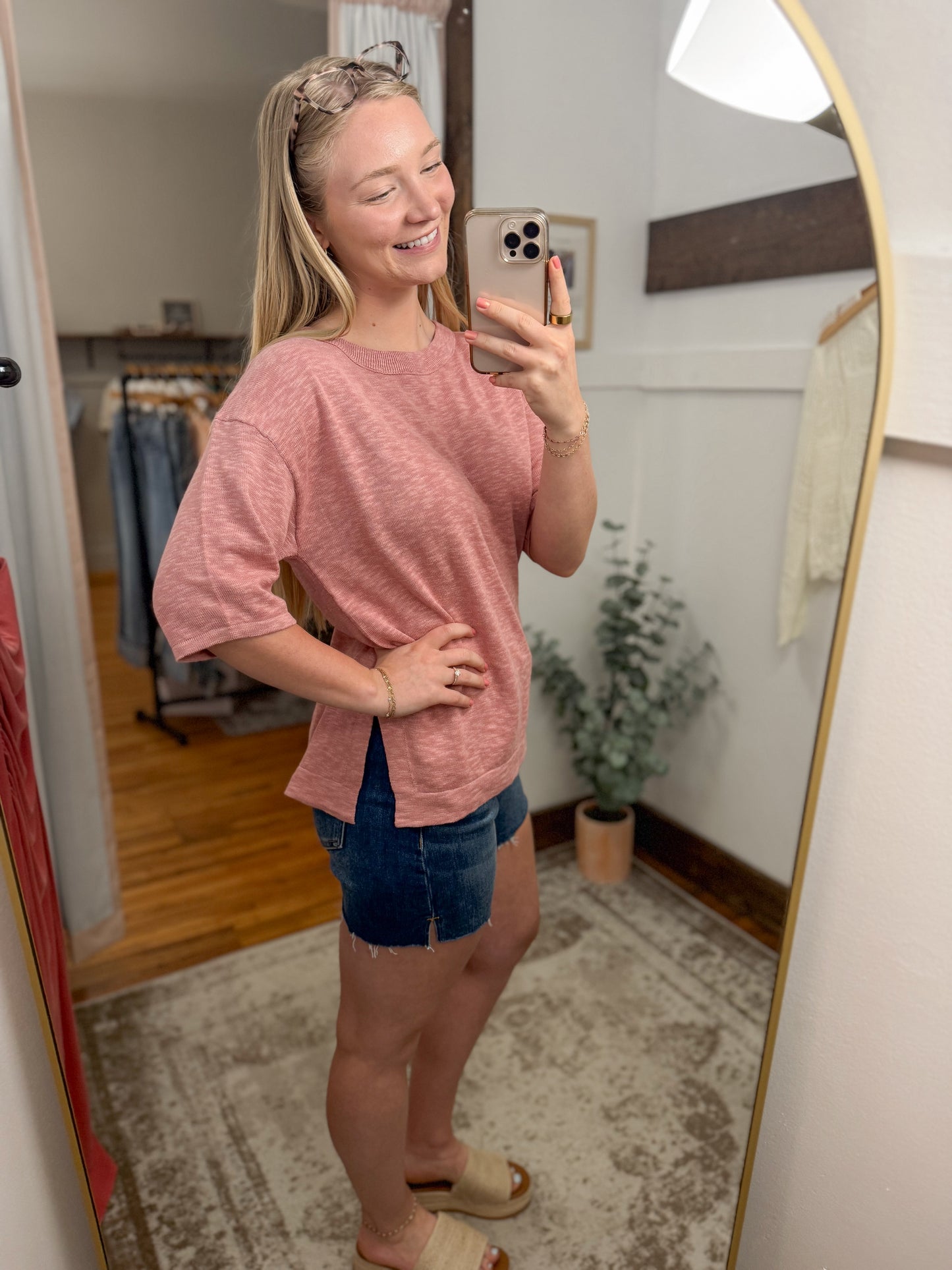 Cotton Slub Short Sleeve Top - Rose