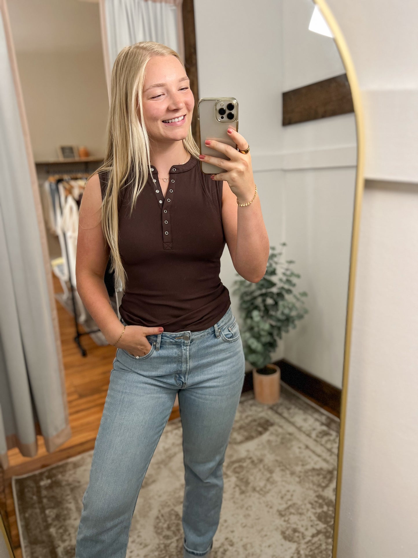 Ribbed Henley Tank Top - Espresso