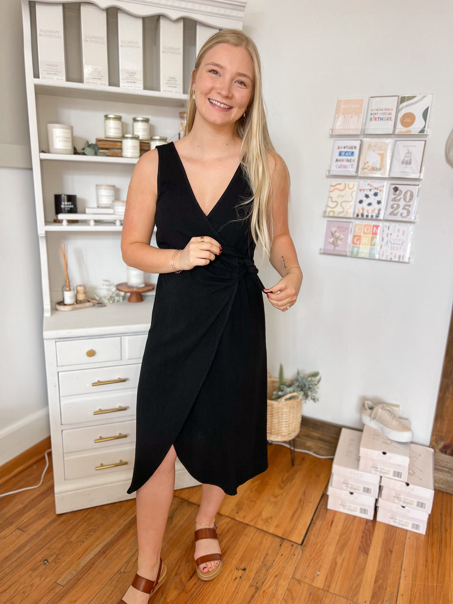 Linen Blend Tie Midi Dress - Black