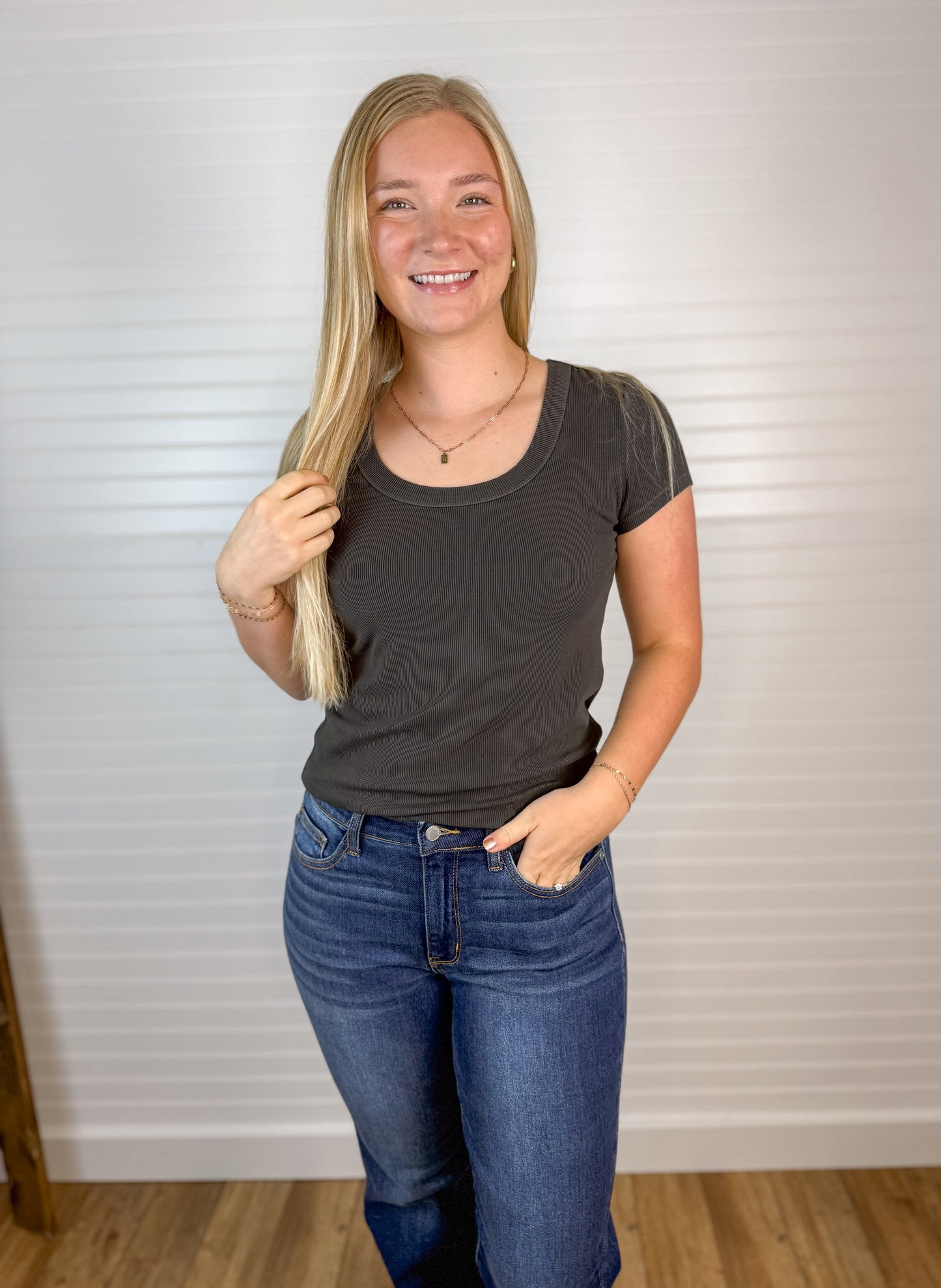 Ribbed Scoop Neck Tee - Charcoal
