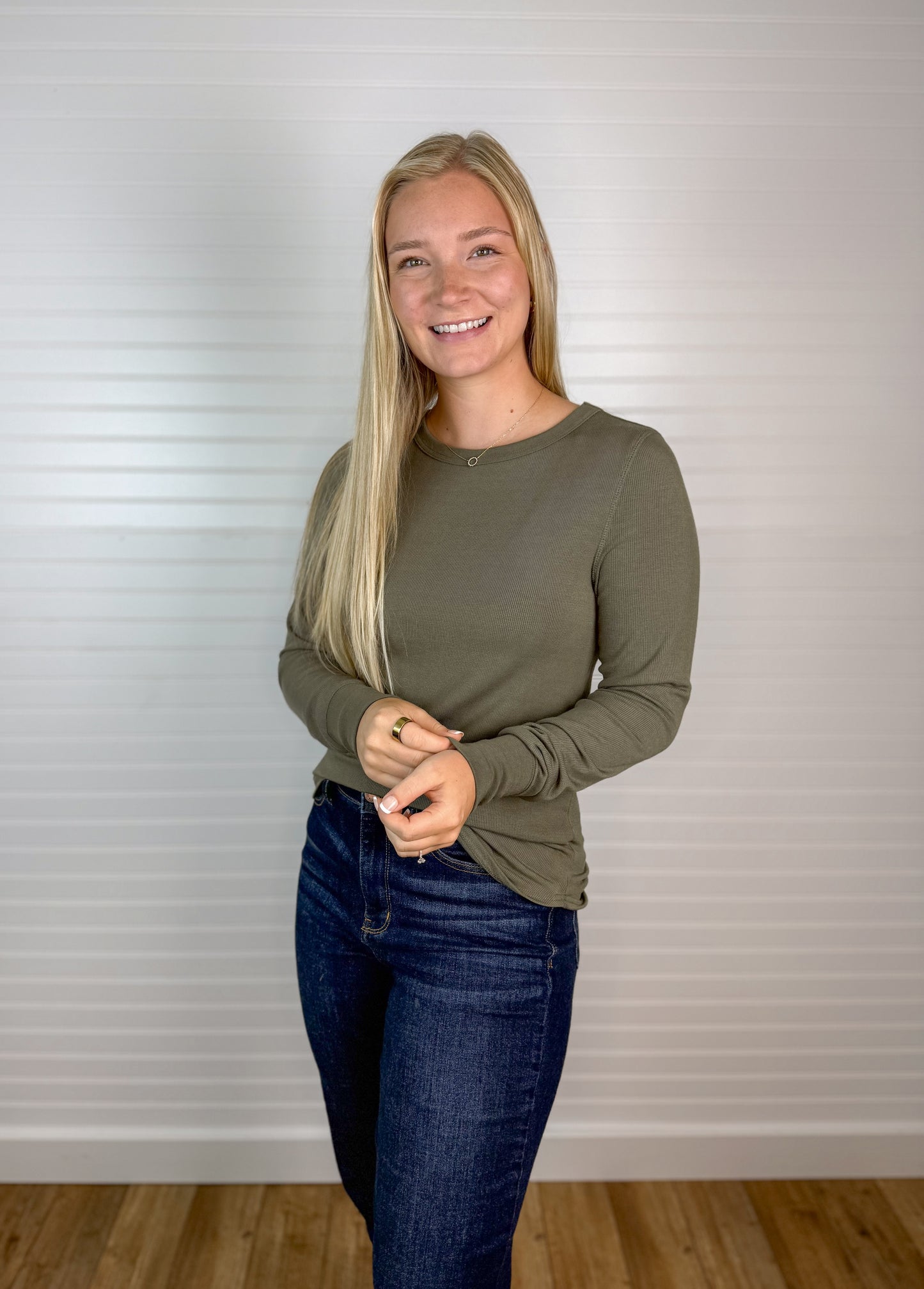 Basic Ribbed Long Sleeve Top - Olive