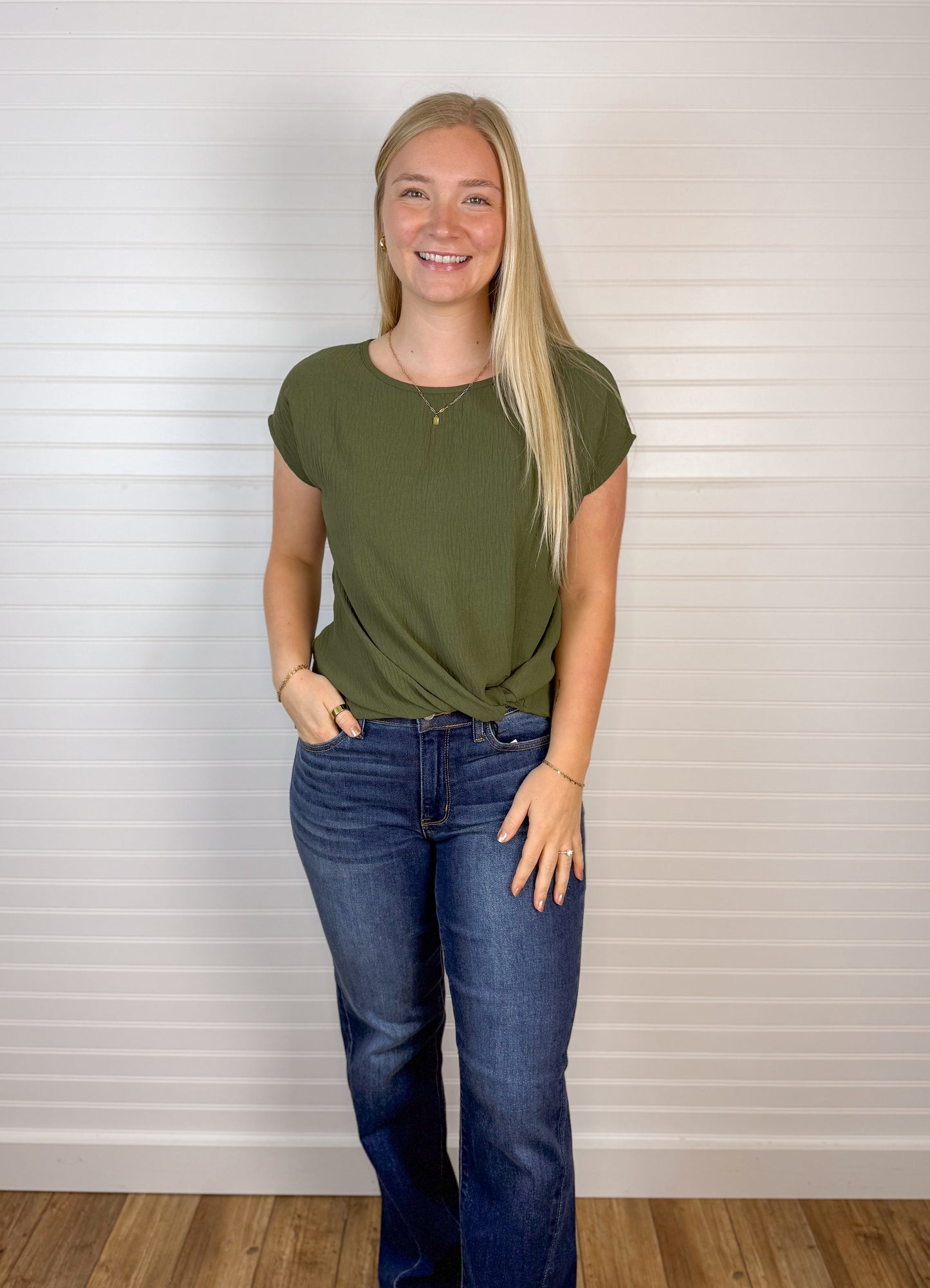 Twist Front Short Sleeve Blouse - Olive