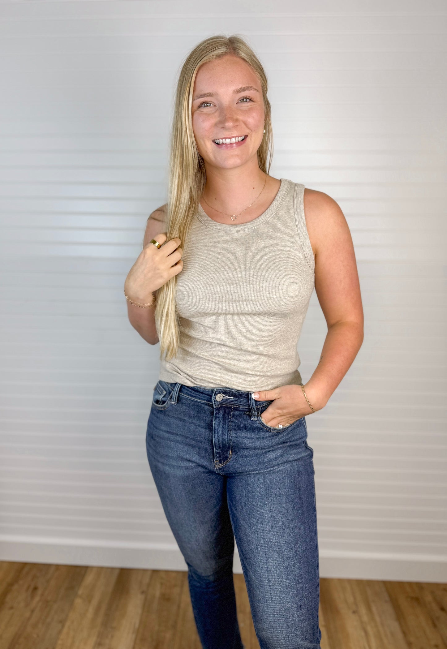 Crewneck Ribbed Tank Top - Taupe Heather