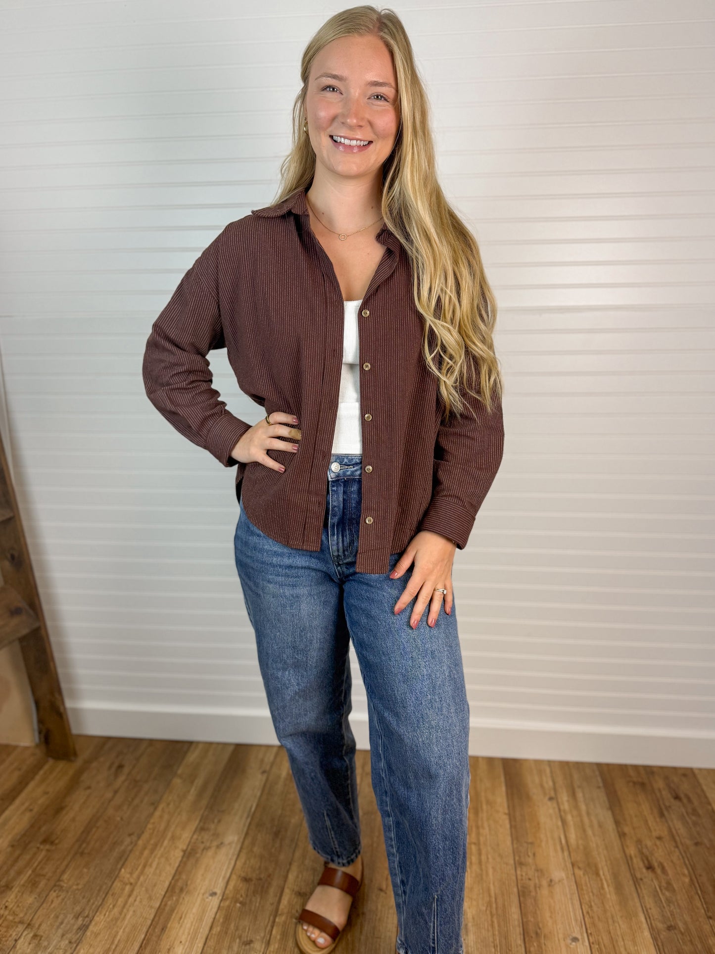 Pinstriped Button Down Boyfriend Shirt - Brown