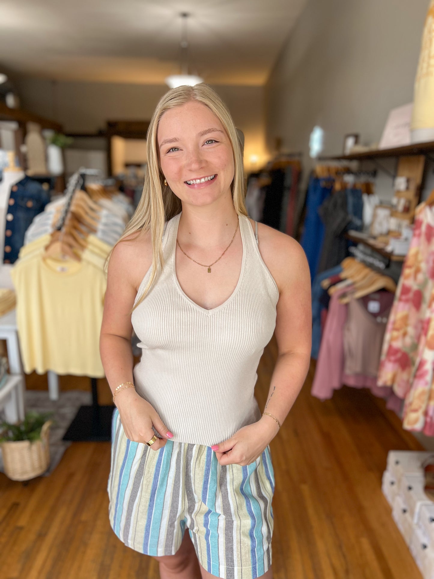 Ribbed Knit Halter Tank - Cream