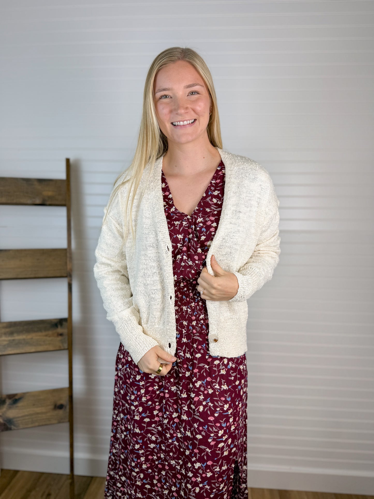 Button Front Drop Shoulder Cardigan - Cream