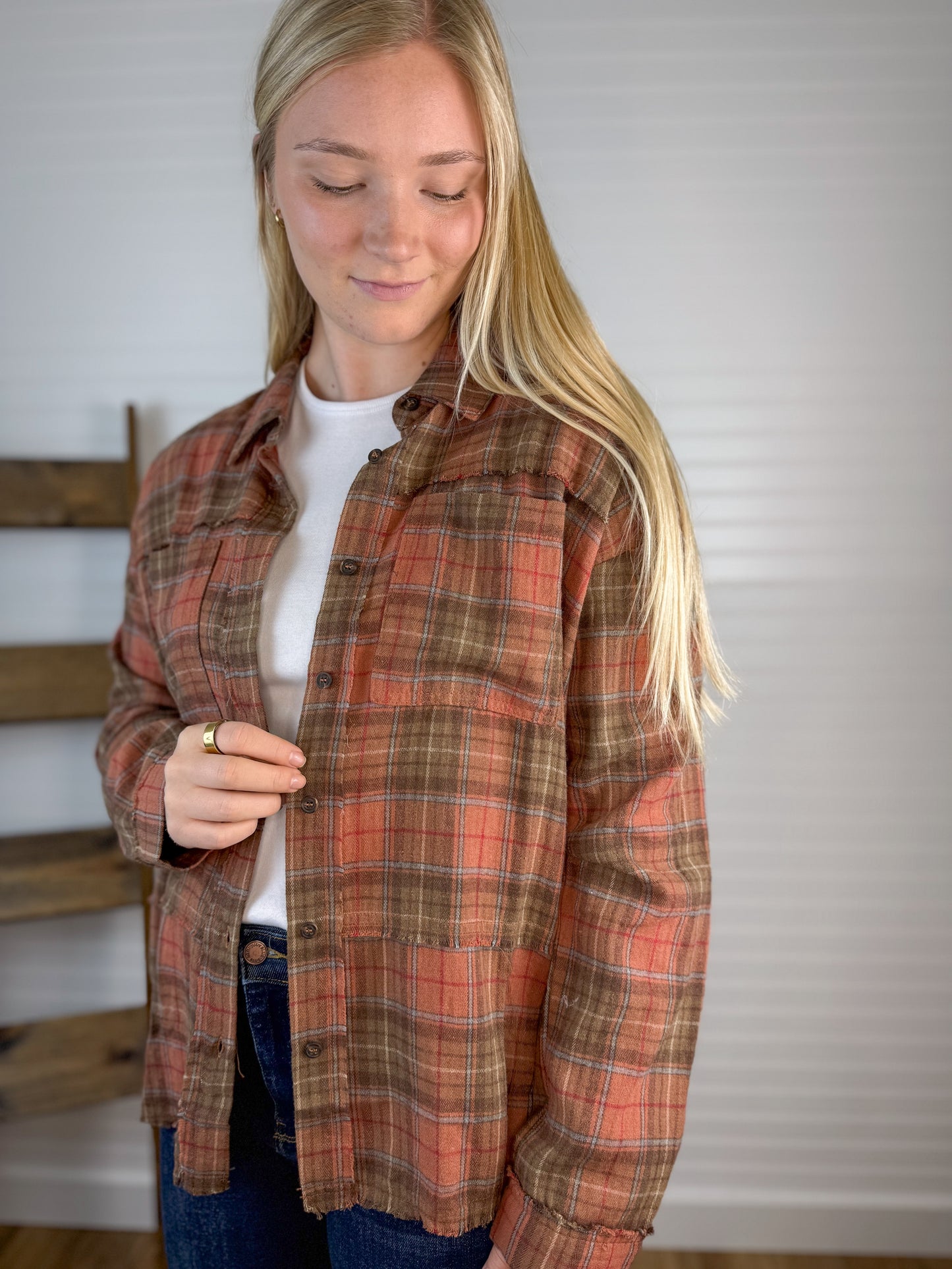 Button Down Washed Plaid Flannel - Rust